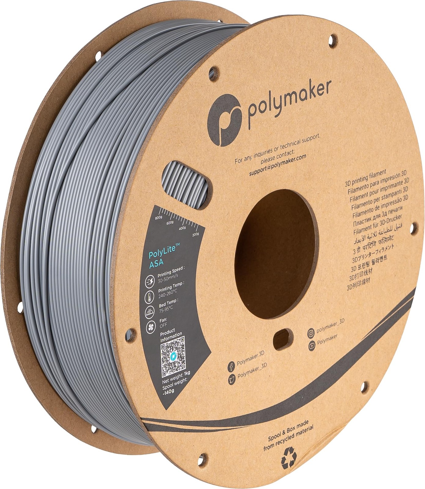 ASA Filament 1.75mm Grey 1kg - Heat & Weather Resistant 3D Printing