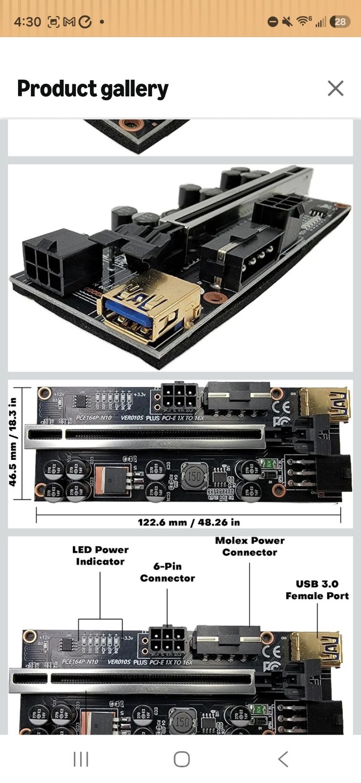 VER010S PLUS PCIe x1 to x16 USB 3.0 Riser Card Adapter PCE164P-N10