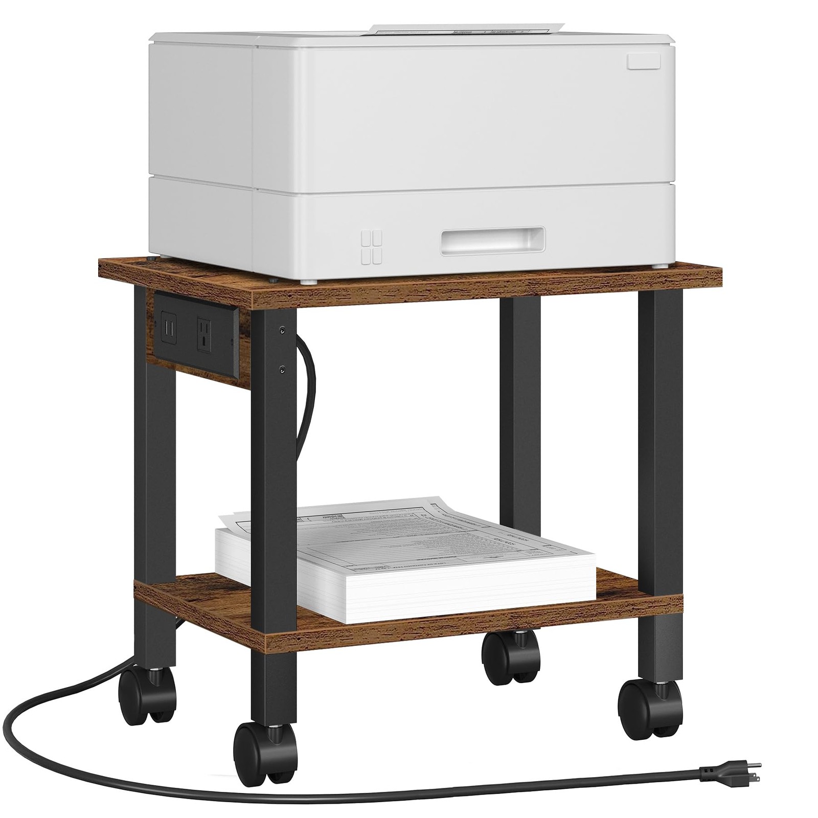 2 Tier Printer Stand Rolling Cart Power Outlets USB Port Brown PS01BB001