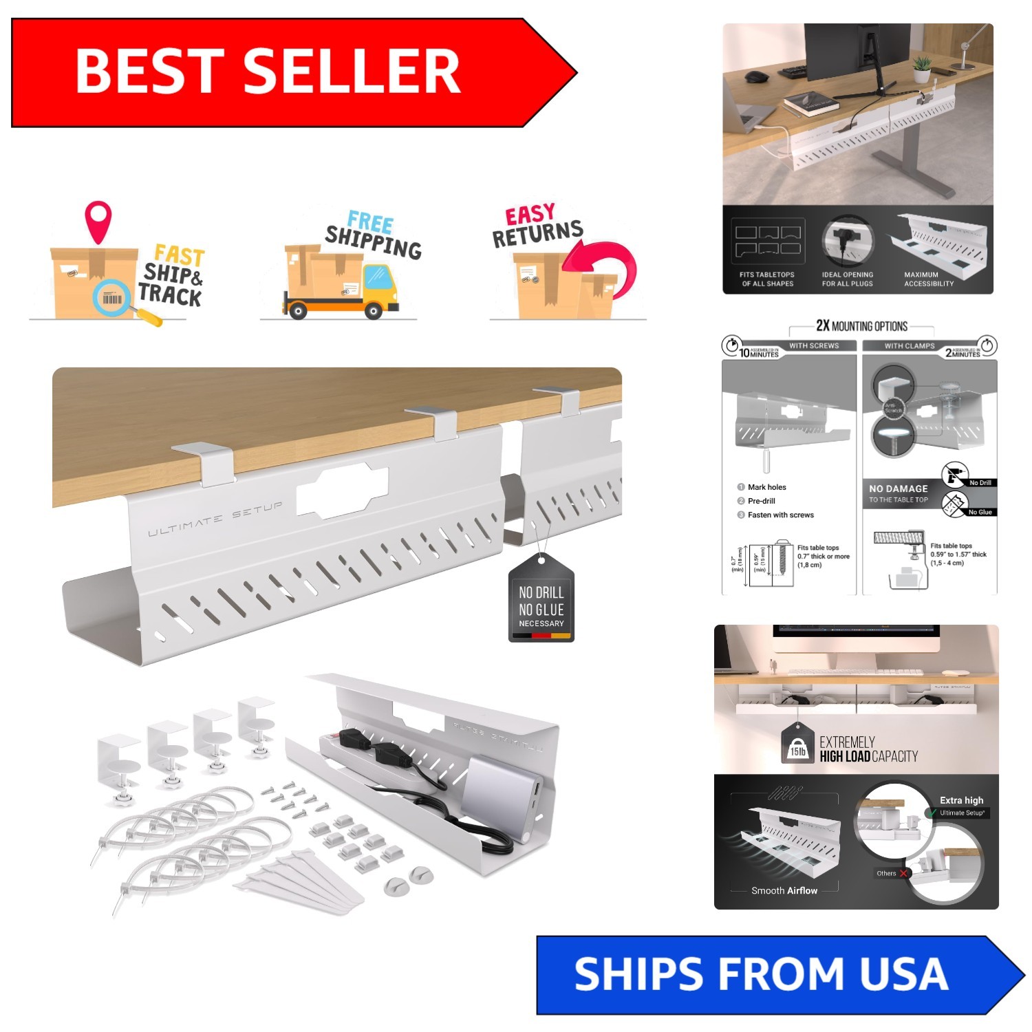 Sleek Under Desk Cable Tray - 2 Pack, Wide Capacity, Hassle-Free Installation