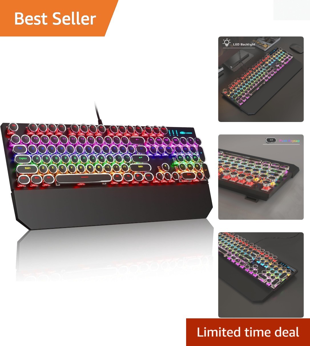 Ambidextrous RGB Rainbow Backlit Mechanical Keyboard with Magnetic Wrist Rest