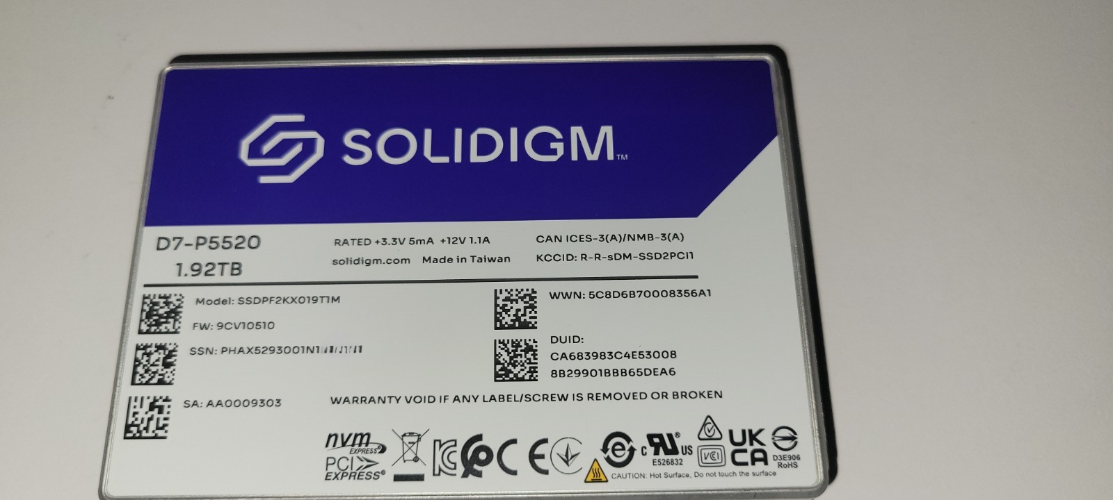Solidigm D7-P5520 1.92TB U.2 NVMe SSDPF2KX019T1M PCIe 4.0 Enterprise SSD