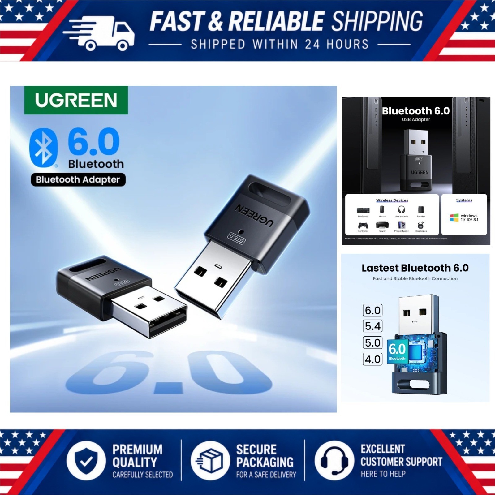 UGREEN USB Bluetooth 6.0 Adapter Dongle for PC Windows 11/10/8.1 Keyboard Mouse