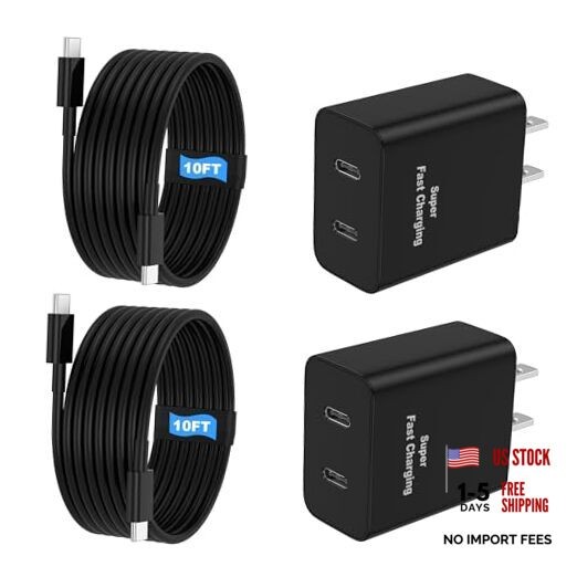 45W 2Pack Super Fast Charger USB C Dual Port Android Phone Charger 10ft Black