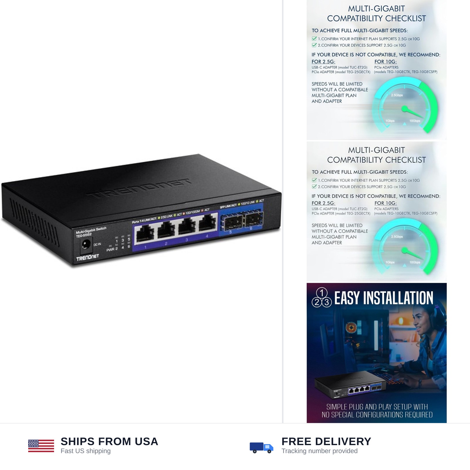 TRENDnet 6-Port Unmanaged Multi-Gig Switch, 4 x 2.5GBASE-T Ports, 2 x 10G SFP...
