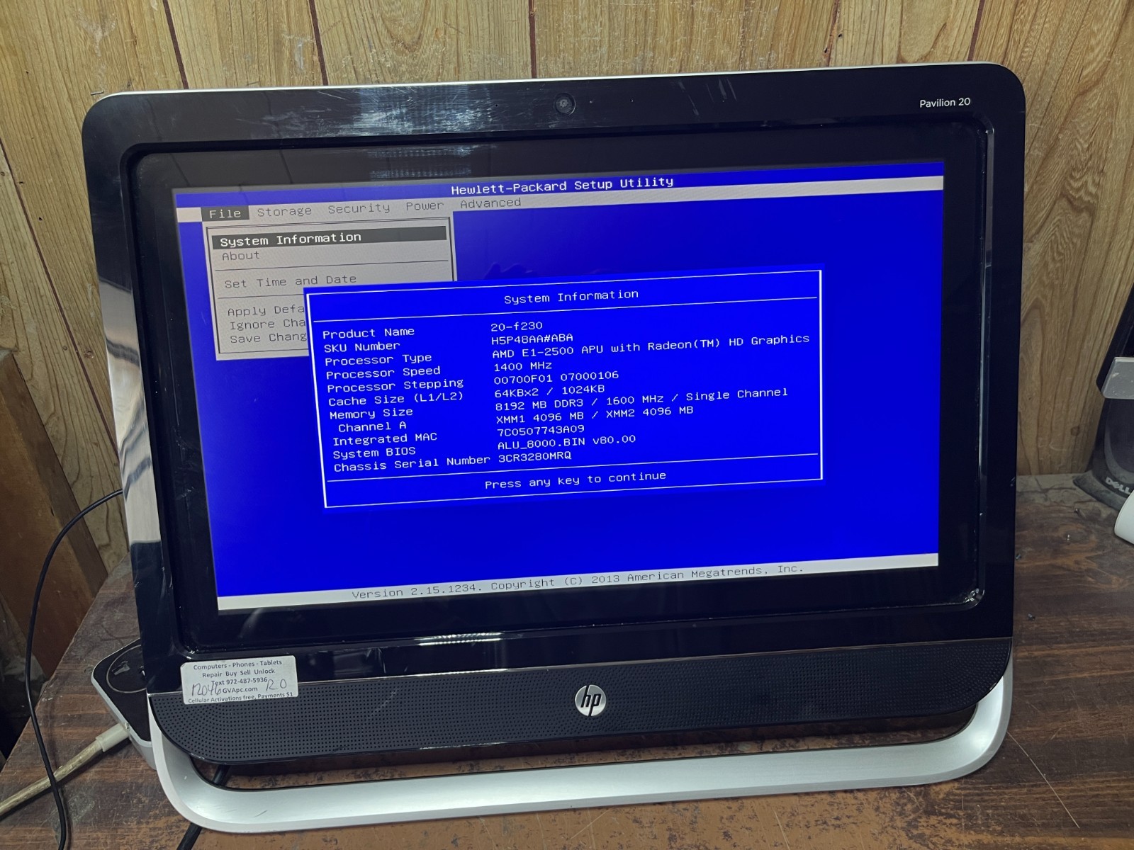 HP Pavilion Touchsmart 20 All in One 20" Computer AMD CPU 4GB DVDRW NO HDD