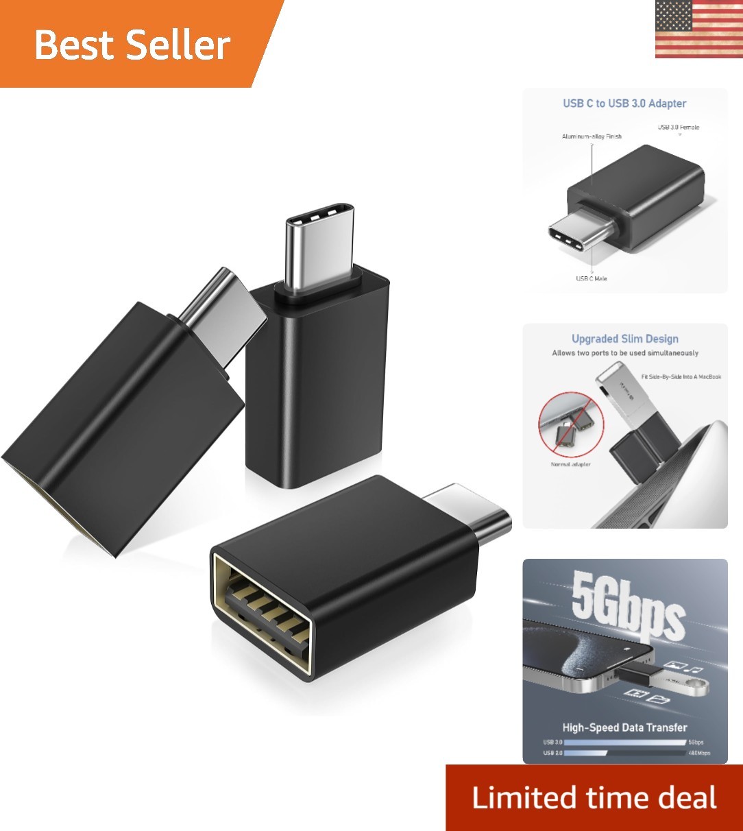 USB C to USB Adapter 3-Pack - High-Speed Female Converters for Multi-Device Use