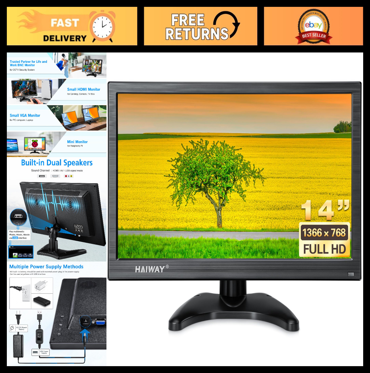 14" Security Monitor 1366x768 - HDMI/VGA/BNC/AV Ports, Built-in Speakers, Remote