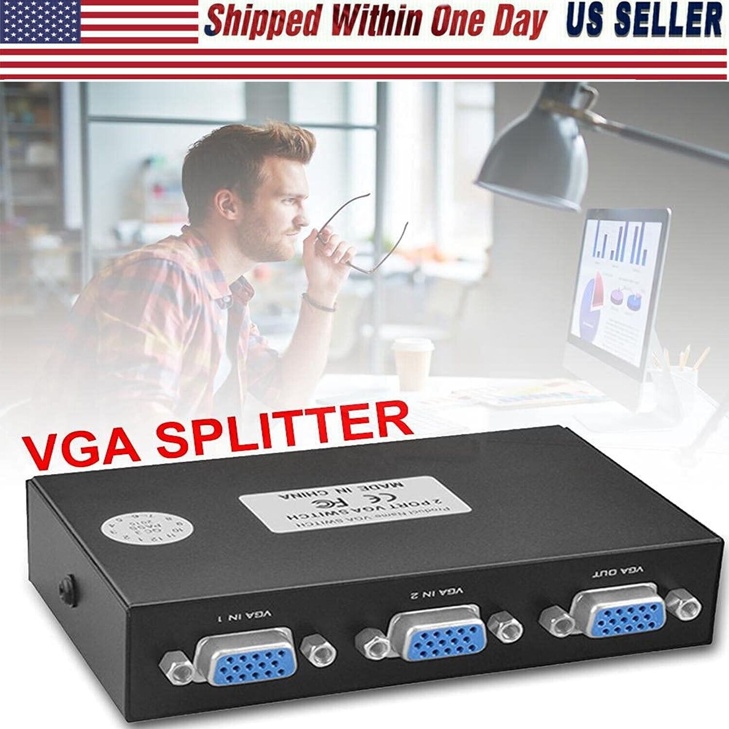 2 Port VGA Splitter 2 Monitor, Sharing Switch Box (2 VGA Out/1 VGA in) US