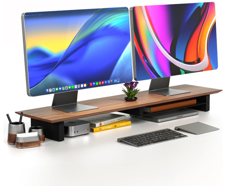 Soporte de Madera Maciza para 2 Monitores 42", Estante de Escritorio Color Nogal
