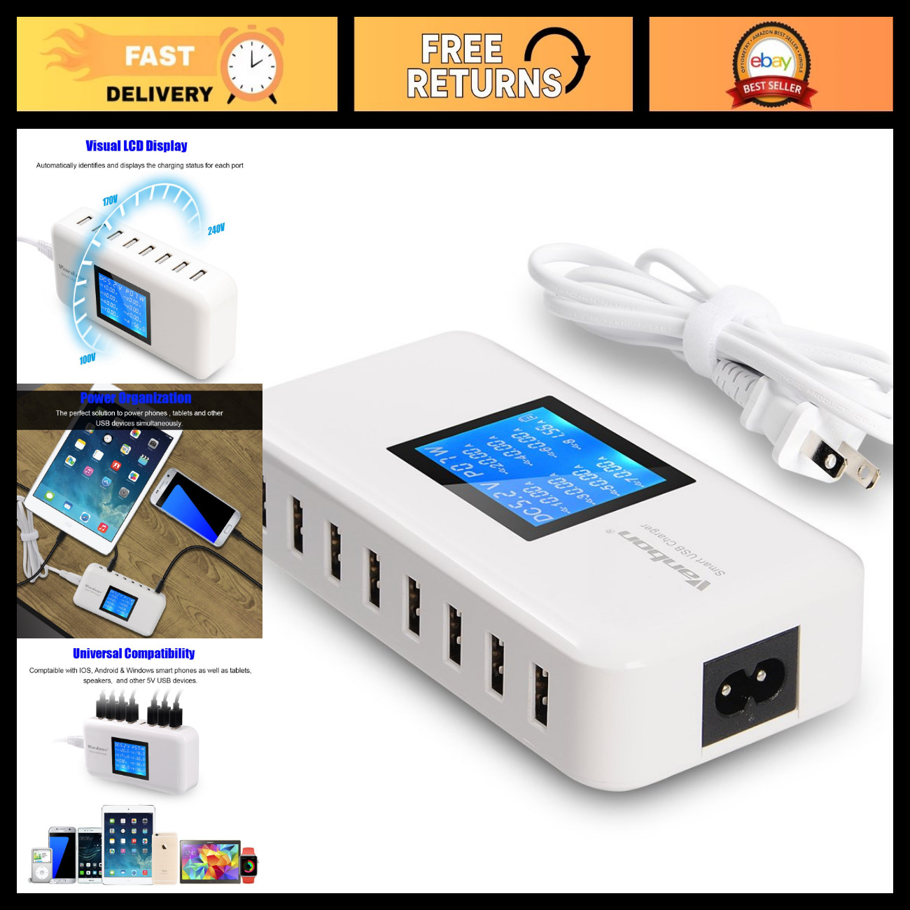8-Port USB Charging Station 60W/12A Fast Wall Charger Hub for Phones & Tablets