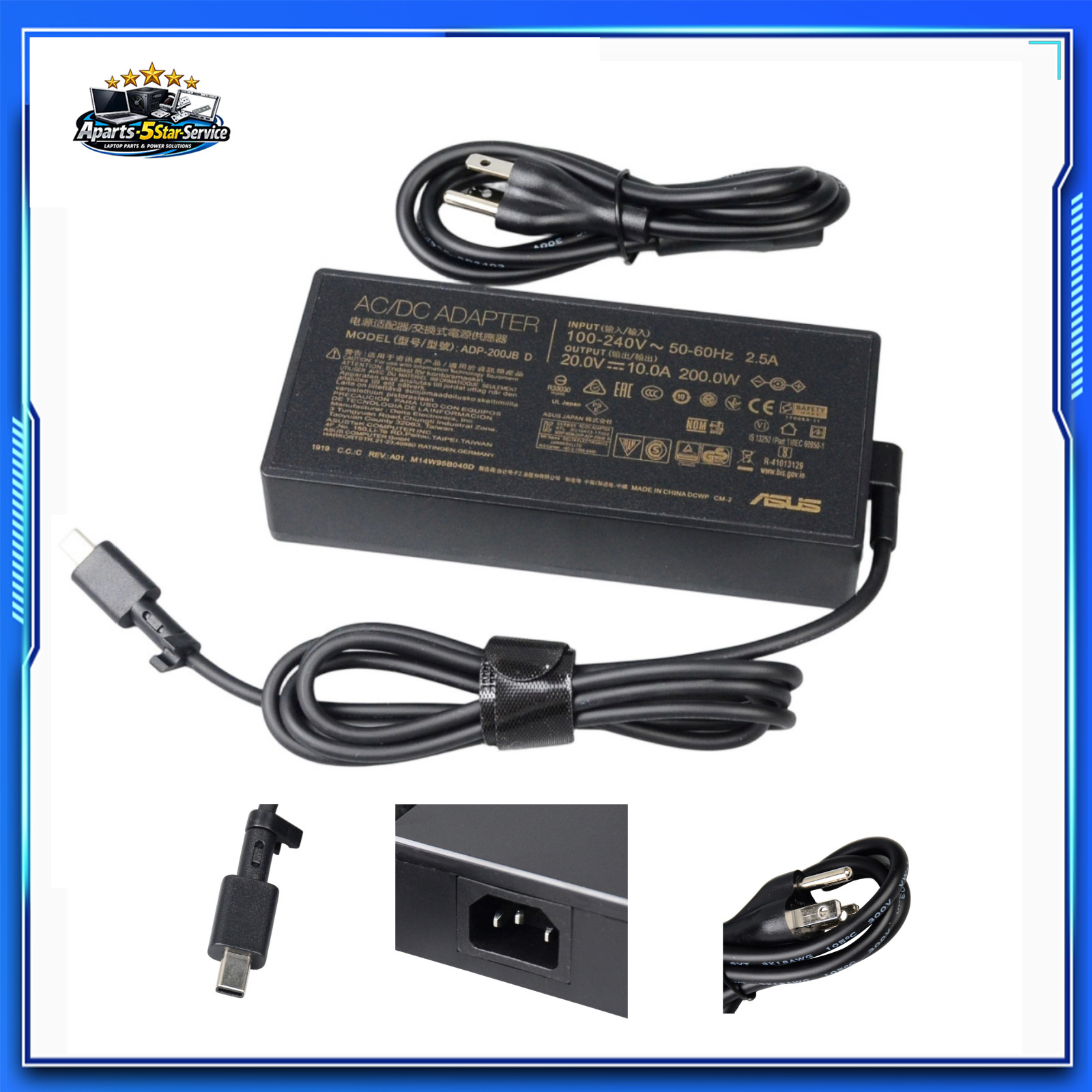 200W Charger for ASUS Rog Zephyrus G16 GU605 GA605 TUF A14 FA401 Rectangle Tip