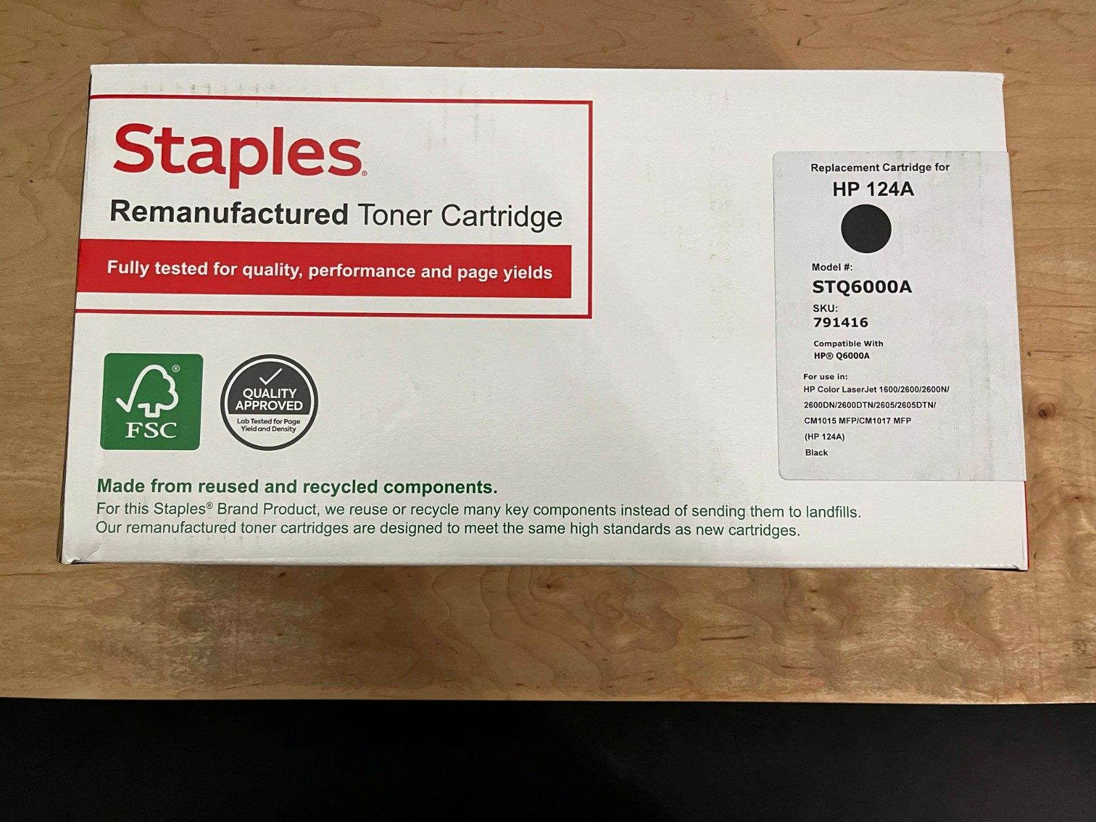 Staples Black Standard Yield Toner Reman| Ink | Replacement | HP 124A | Q6000A