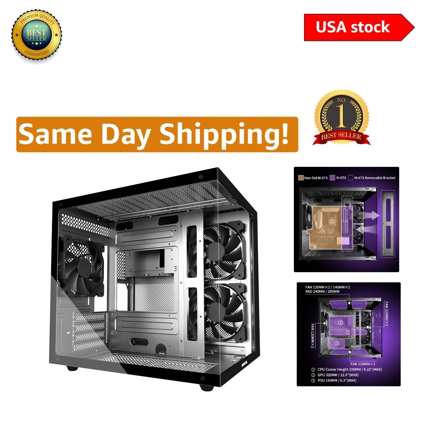 Compact V3 Tempered Glass PC Case - 3 Pre-Installed Fans, Stylish Black Design