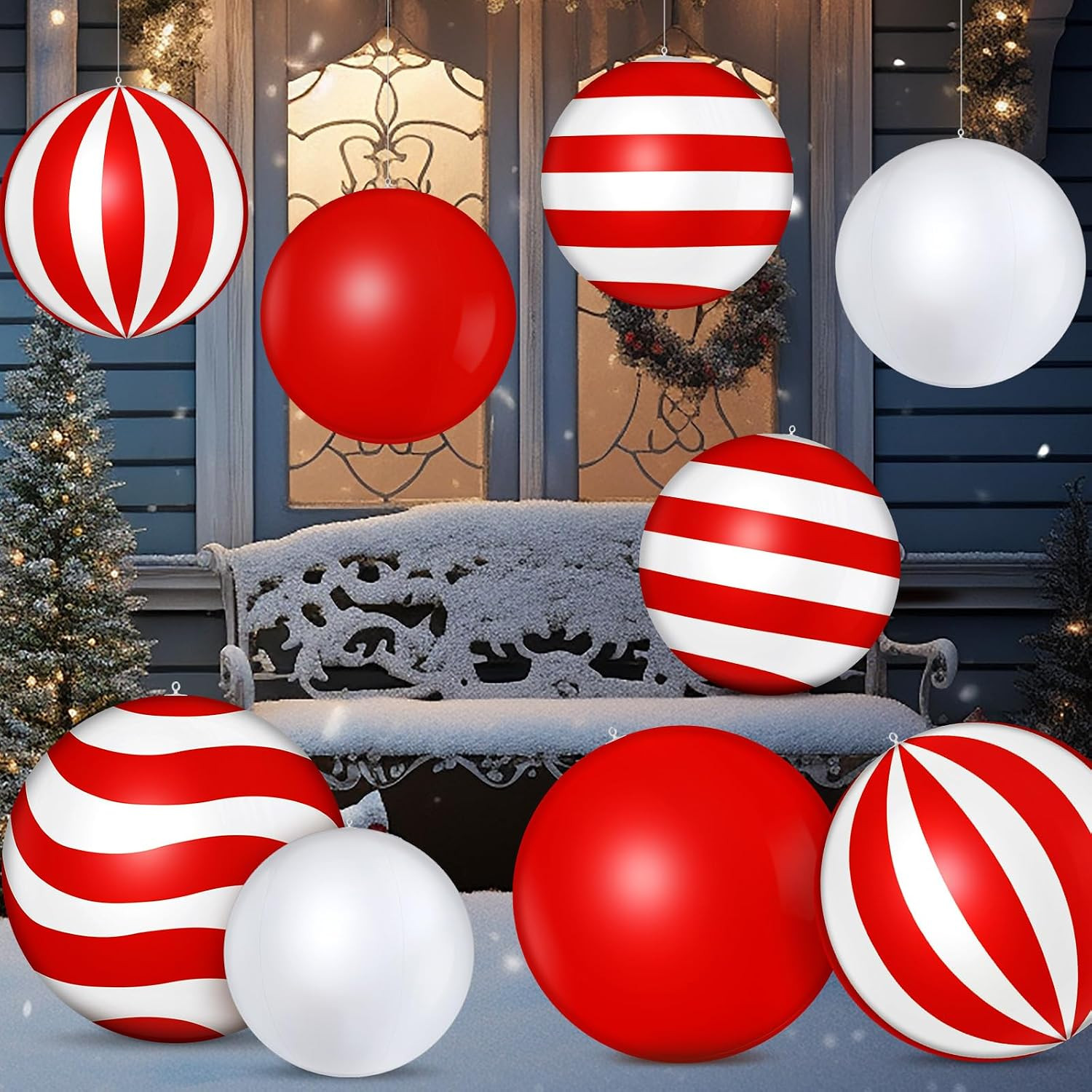 12Pcs 24" &16" Inflatable Christmas Ornament Ball, Red, White, Candy Cane