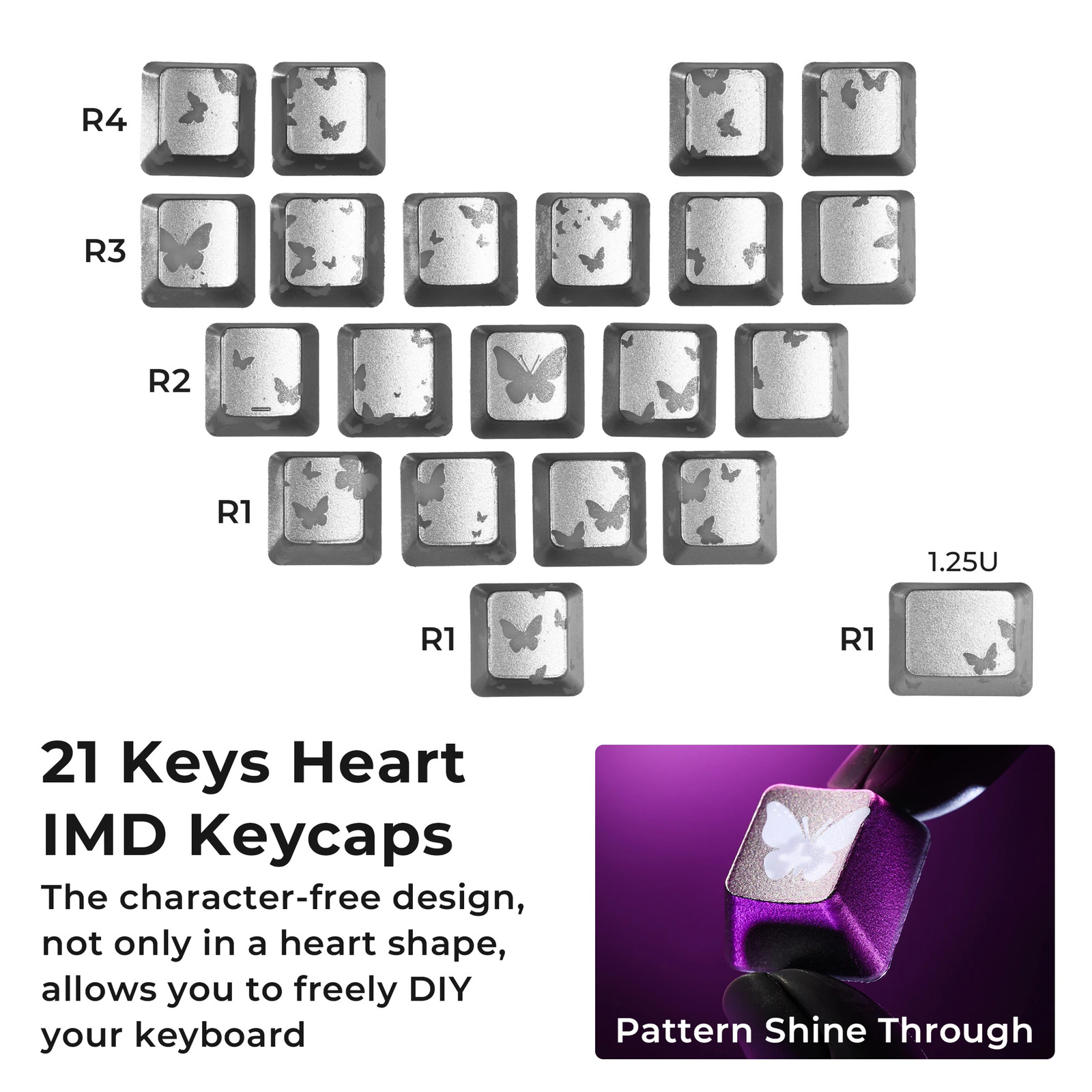 XVX White Butterfly Keycaps OEM Profile IMD-Tech RGB Friendly 21 Keys Set