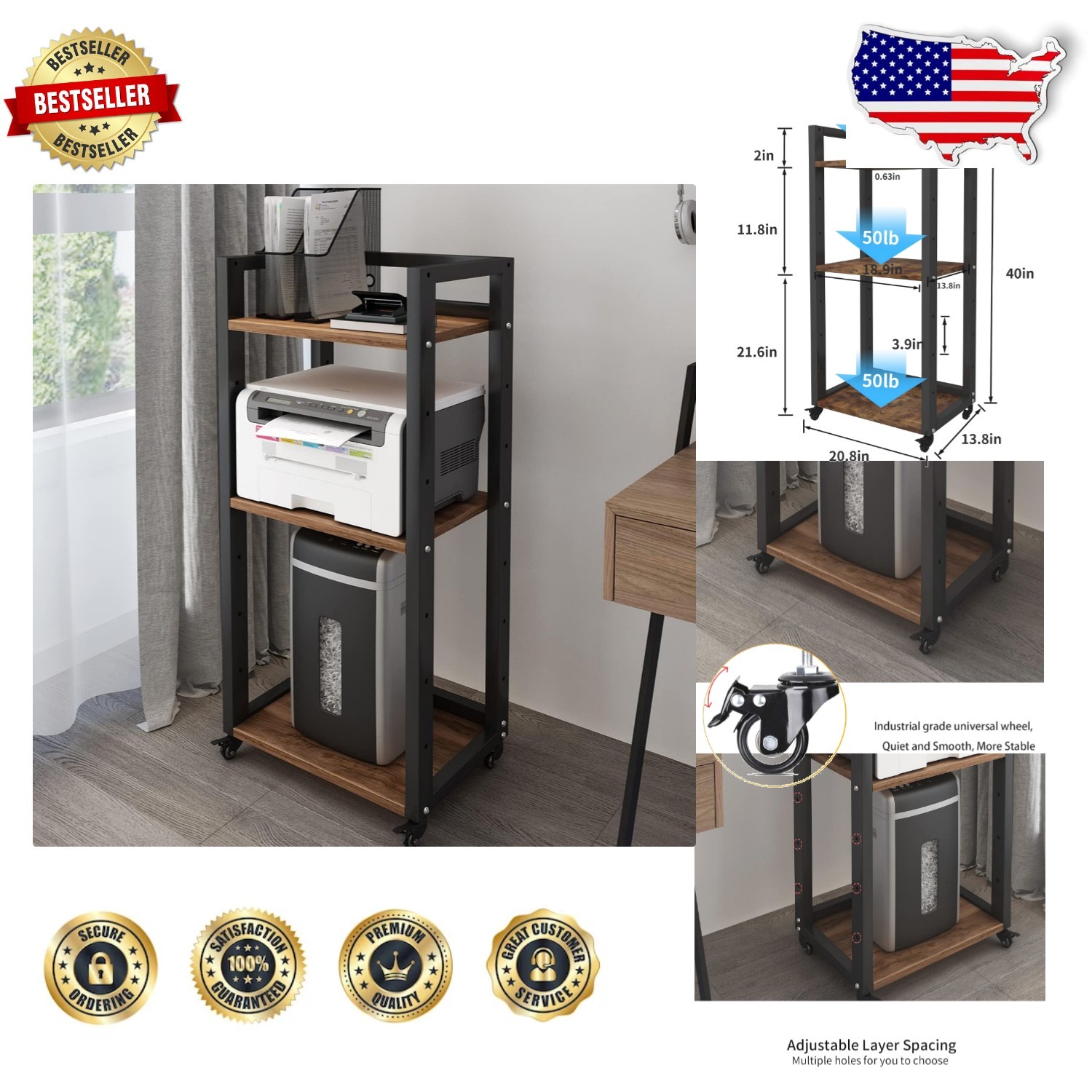 Tall Printer Stand, Rustic 3-Tier Computer Host Holder, Moveable Storage