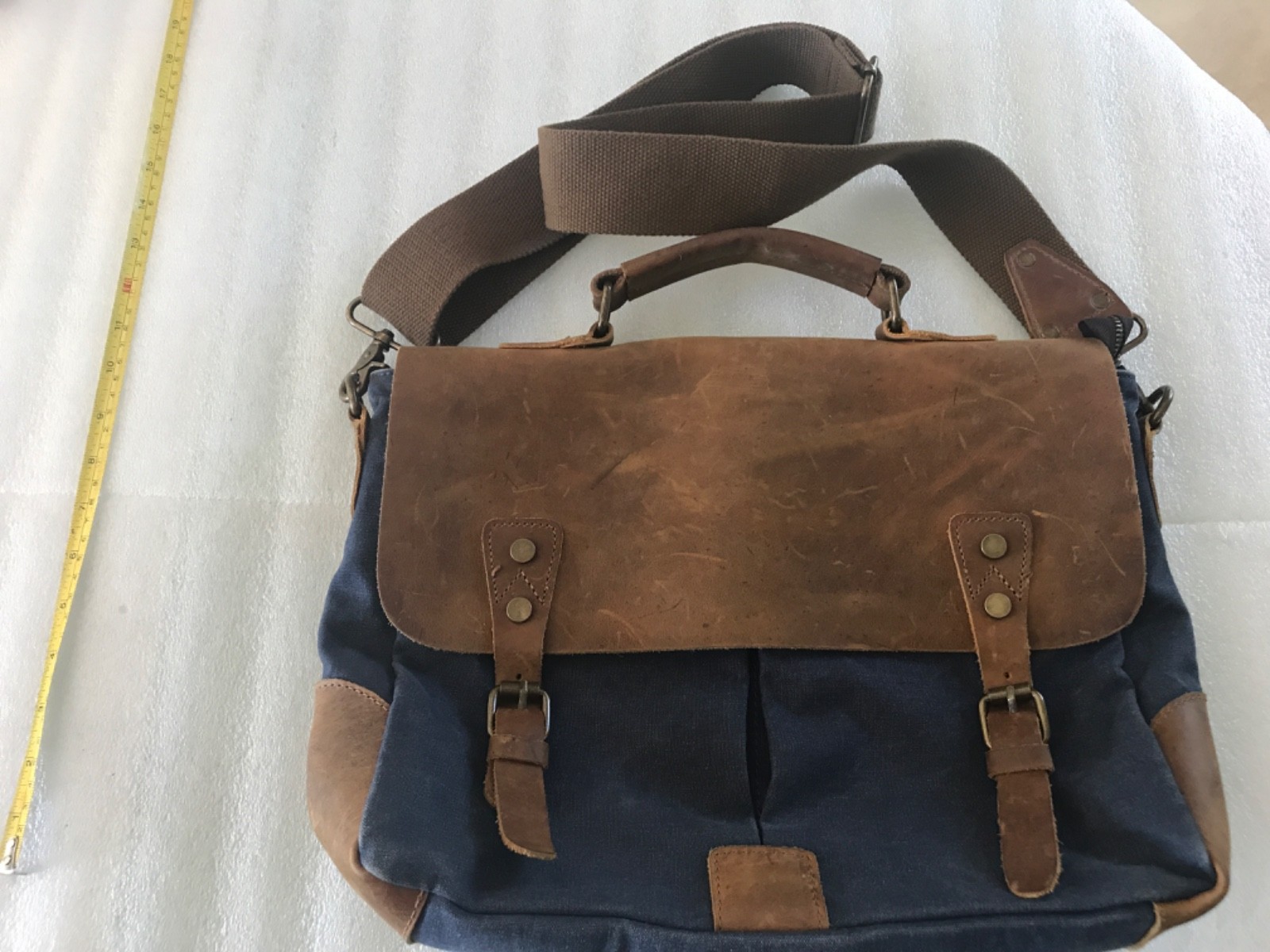 Vintage Smriti Brown Leather Messenger Bag Distressed, Leather Canvas, Preowned