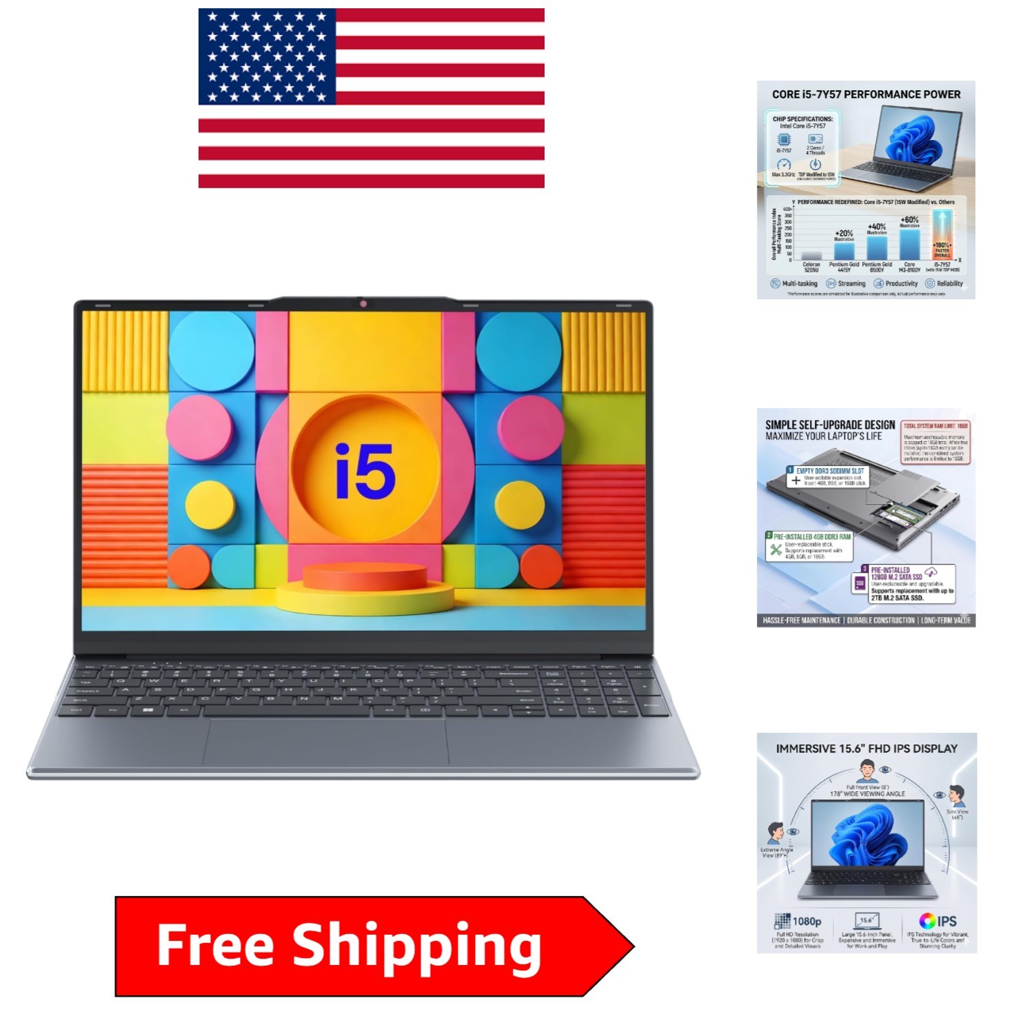 Lightweight 15.6'' Laptop with 2MP Privacy Camera and Expandable Storage