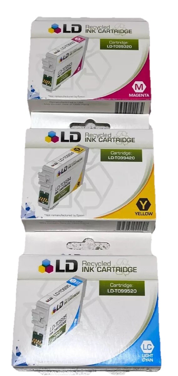 Lof of 3 LD Recycled Ink Printer Cartridges for Epson Lt. Cyan, Magenta, Yellow