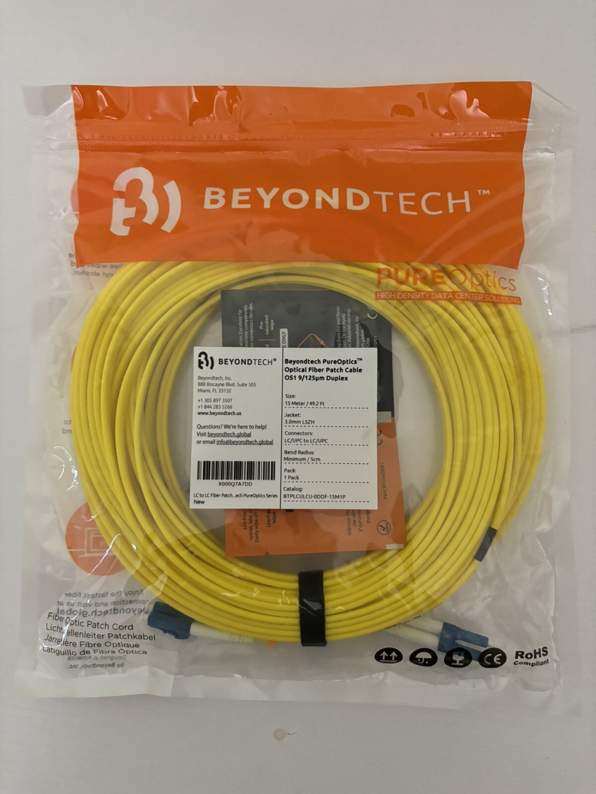 Beyondtech PureOptics Optical Fiber Patch Cable OS1 9/125um Duplex, 15 Meters