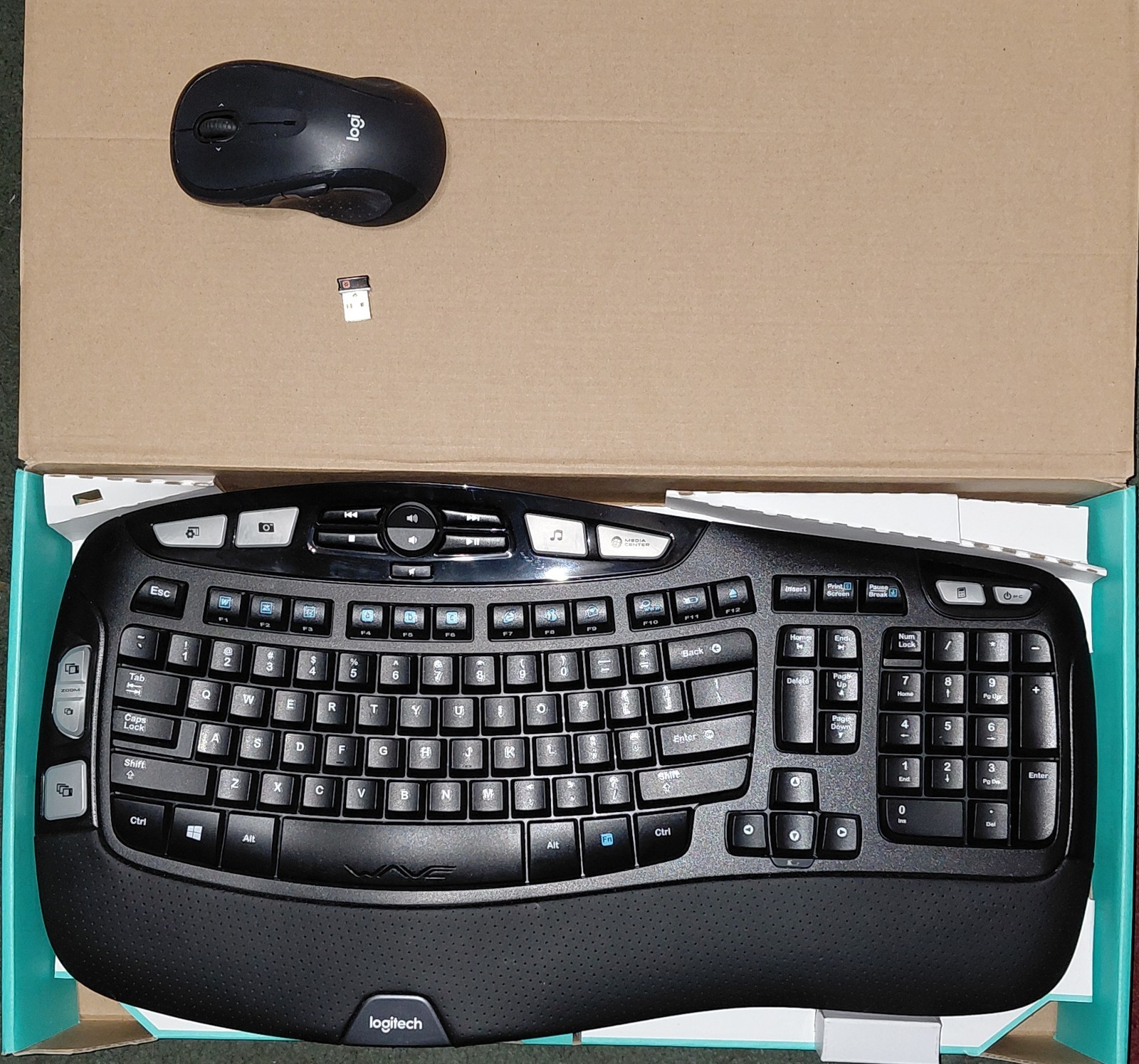 Logitech K350 Wireless Wave Ergonomic + Mouse + USB Unifying Receiver Dongle
