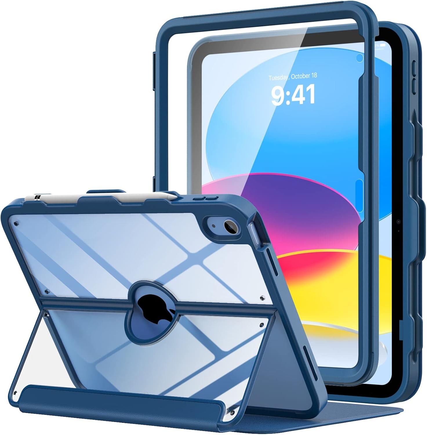 iPad 11/10.9-Inch Case with Pencil Holder, Heavy Duty Clear Cover, Navy Blue