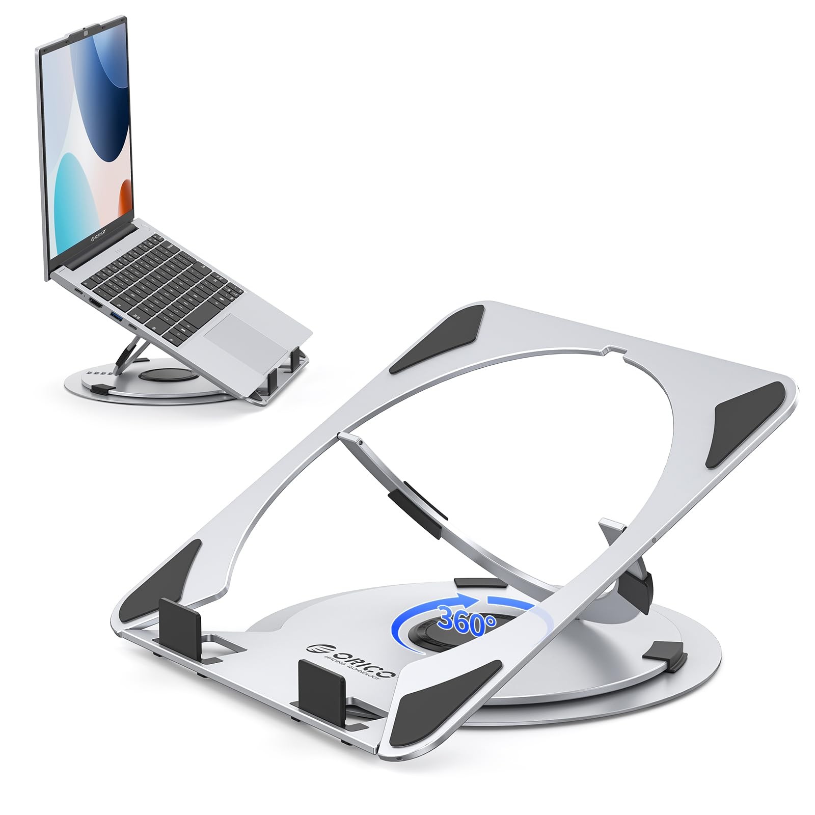 Aluminum Laptop Stand 360° Rotating Riser Ergonomic Adjustable Desk Silver
