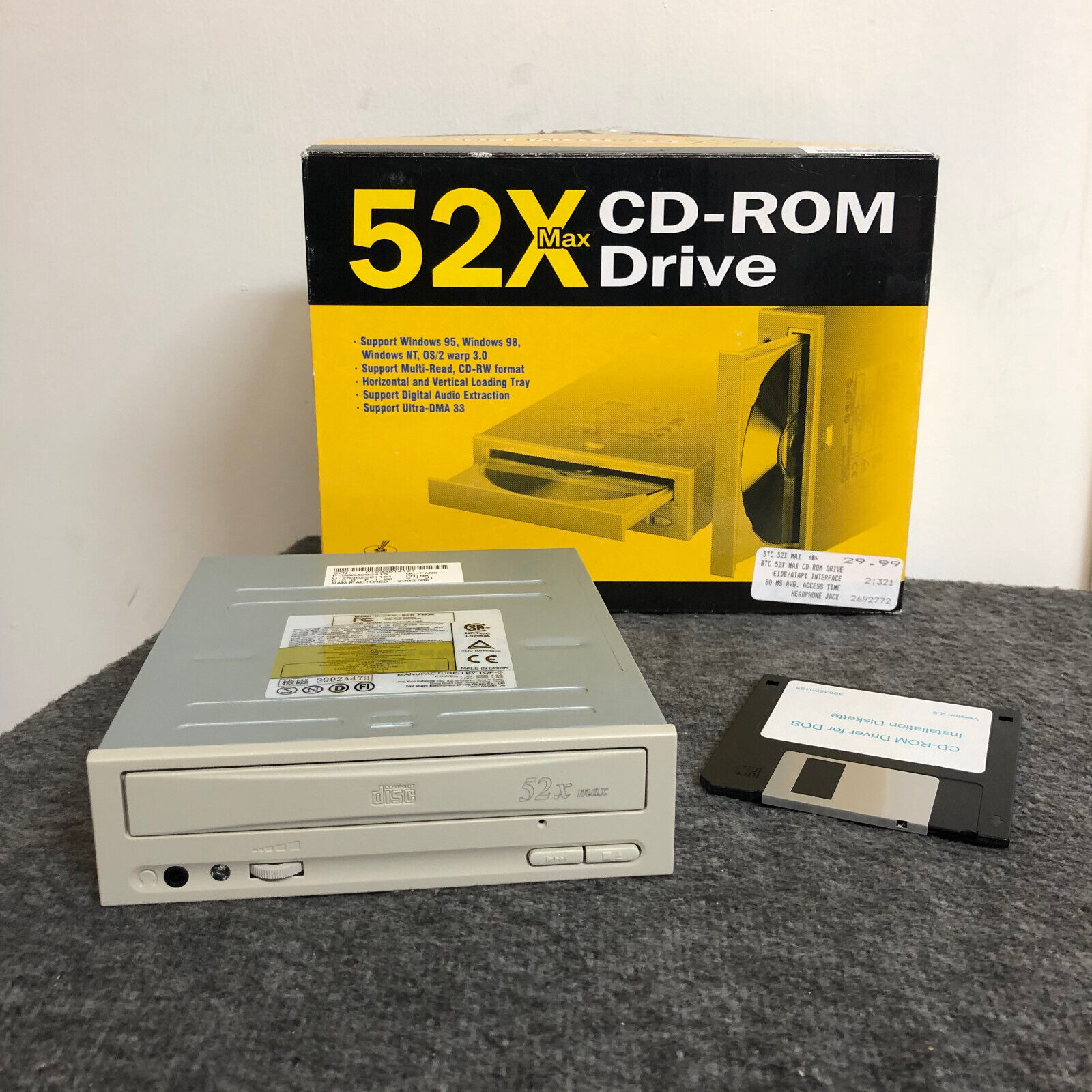 Vintage BTC 52x Max Computer PC CD-ROM Drive In Box + Accessories / Software