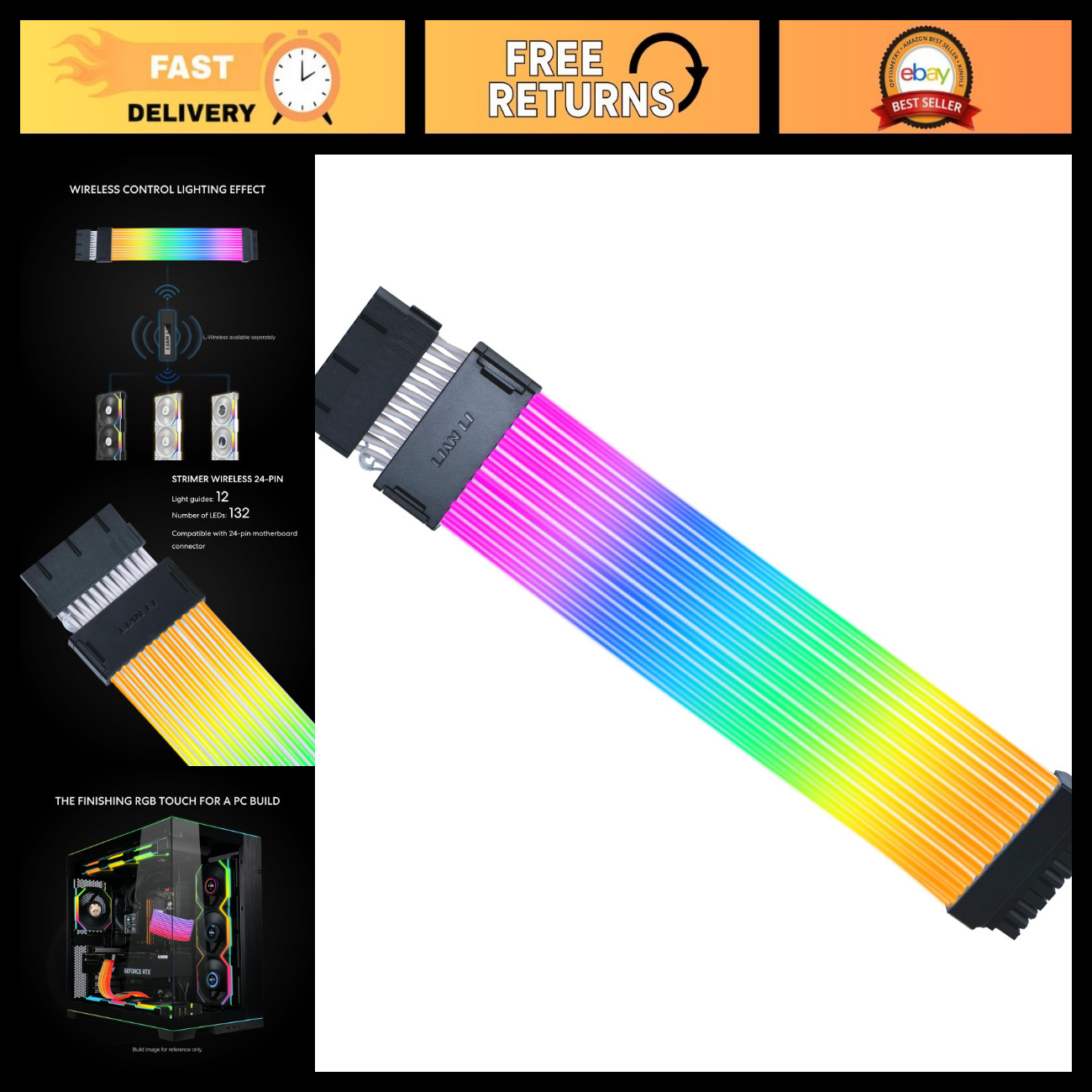RGB 24-Pin Wireless Motherboard Cable for PC, No Controller, Customizable Lighti