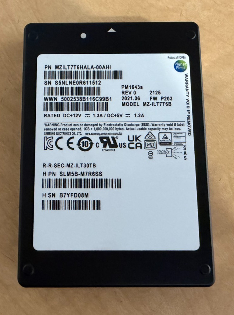 Samsung PM1643a 7.68TB 2.5" SAS SSD MZ-ILT7T6B MZILT7T6HALA (96% Health)