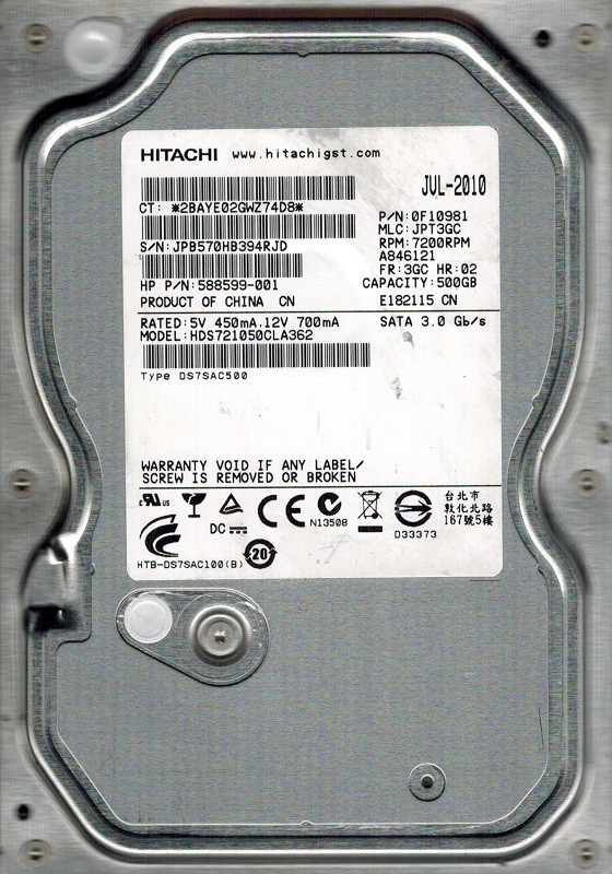 Hitachi HDS721050CLA362 P/N: 0F10981 MLC: JPT3GC 500GB