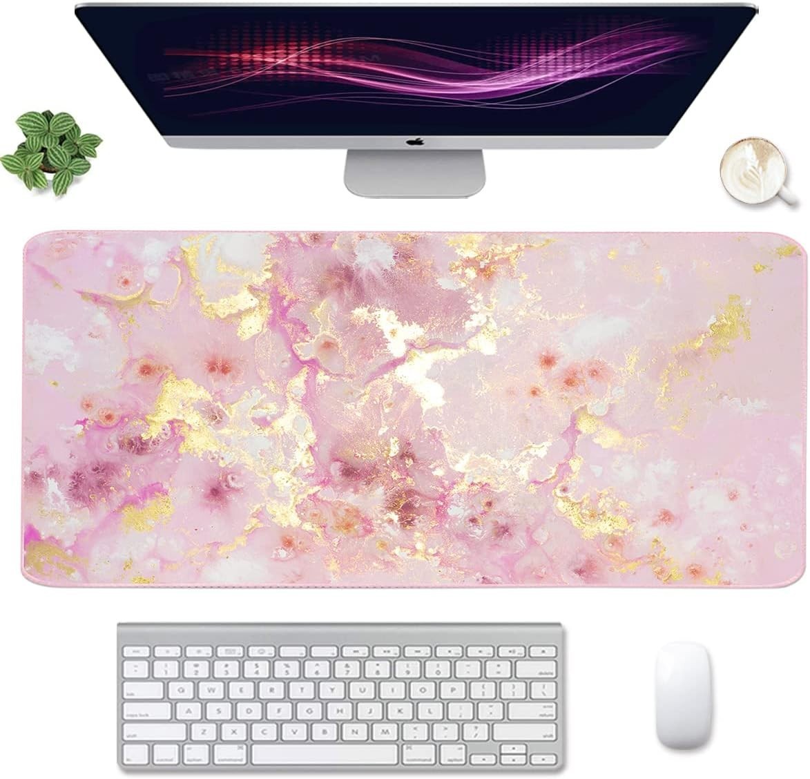 Extended 35.4 x 15.7 in Waterproof Mouse Pad - Stylish Pink Gold Marble Decor