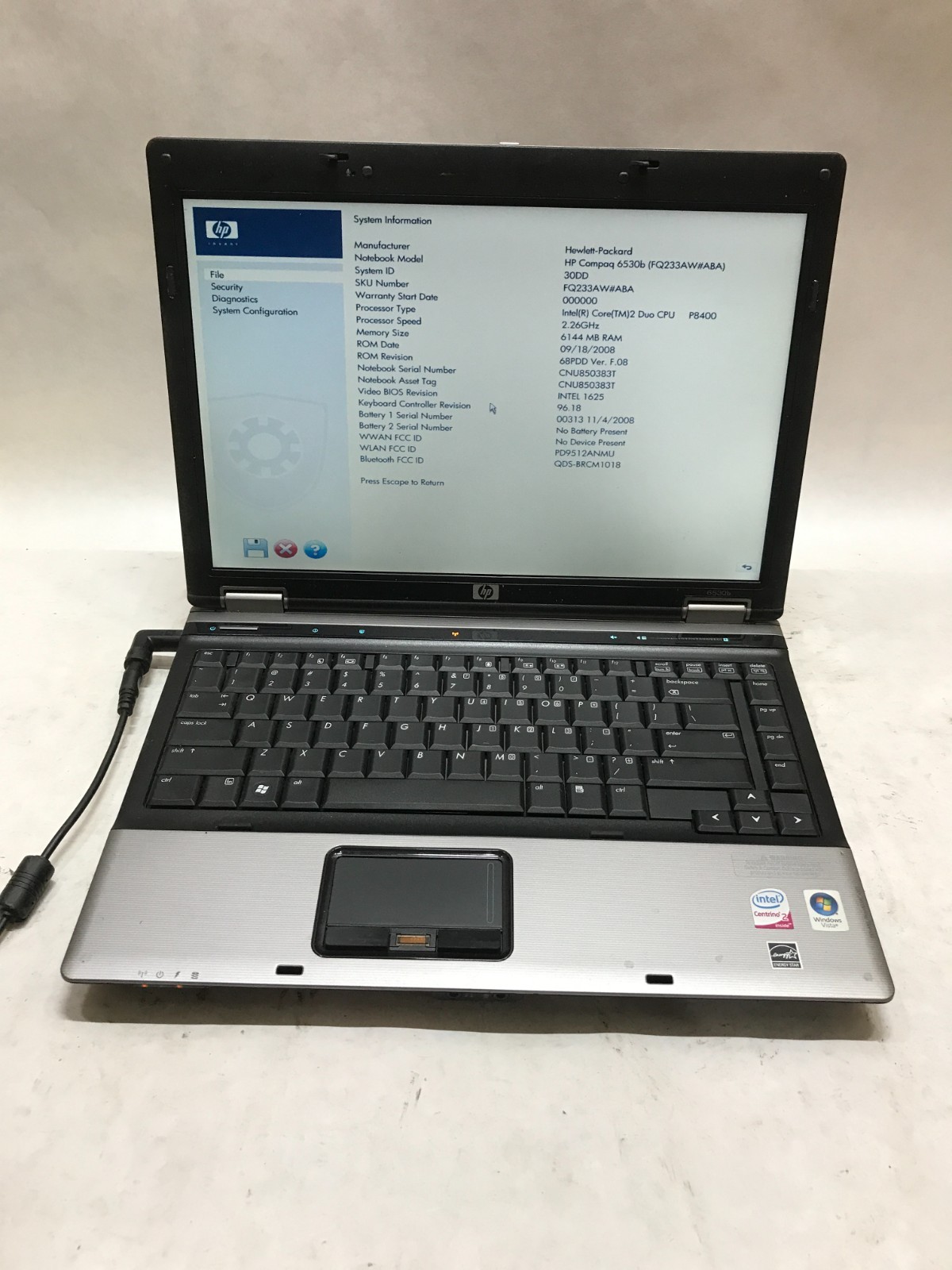 HP Compaq 6530b 15" Laptop Intel Core 2 Duo 6GB RAM NO HDD/OS Boots to BIOS - DW