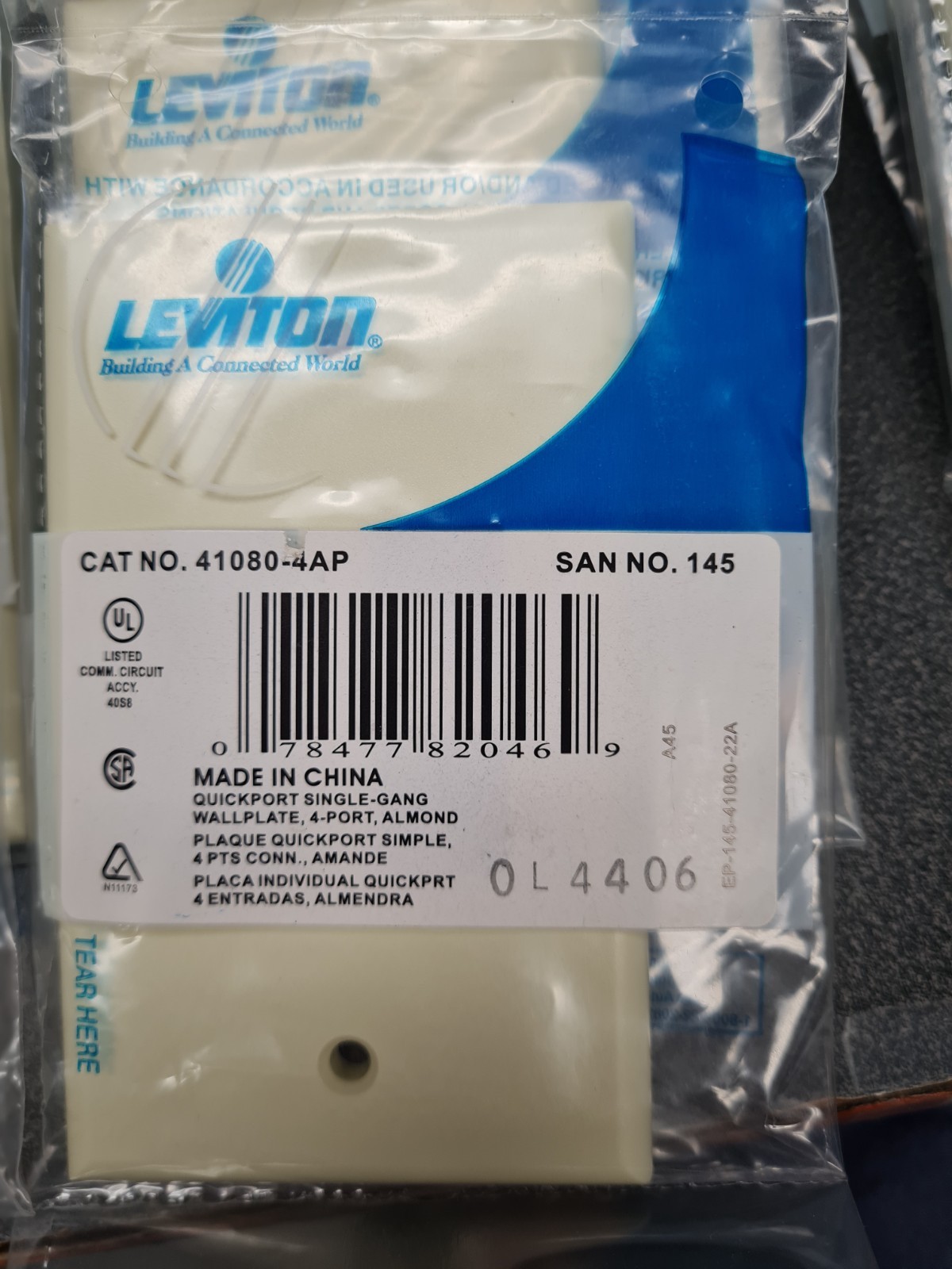 Lot of 34 - Leviton 41080-4AP QuickPort Single Gang 4-Port Wallplate Almond NEW