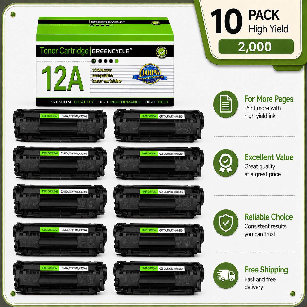 10PK Q2612A 12A Toner Cartridges Compatible for HP LaserJet 1015 1018 1020