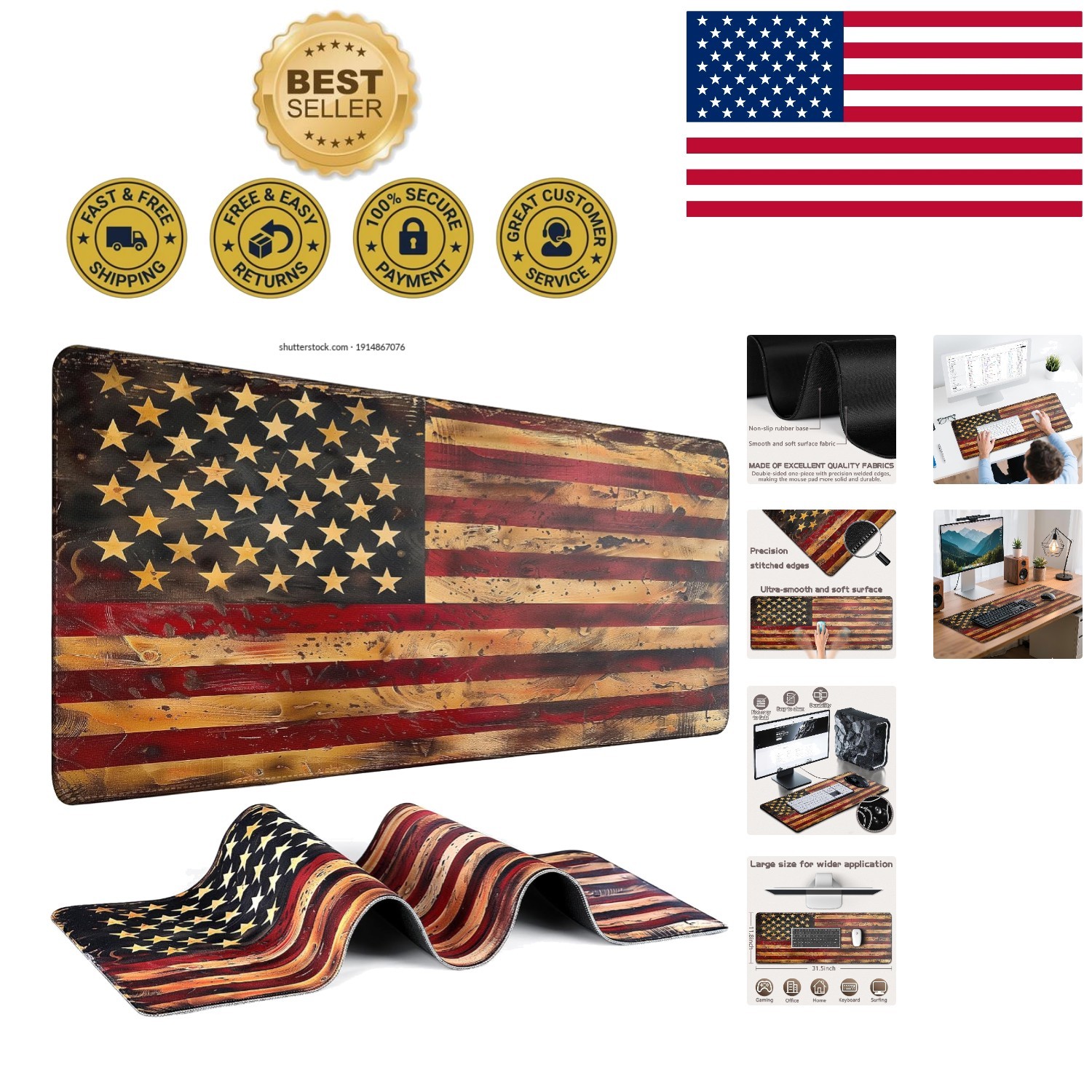 Stylish 31.5" x 11.8" Mouse Pad with Non-Slip Base, American Antique Flag Design