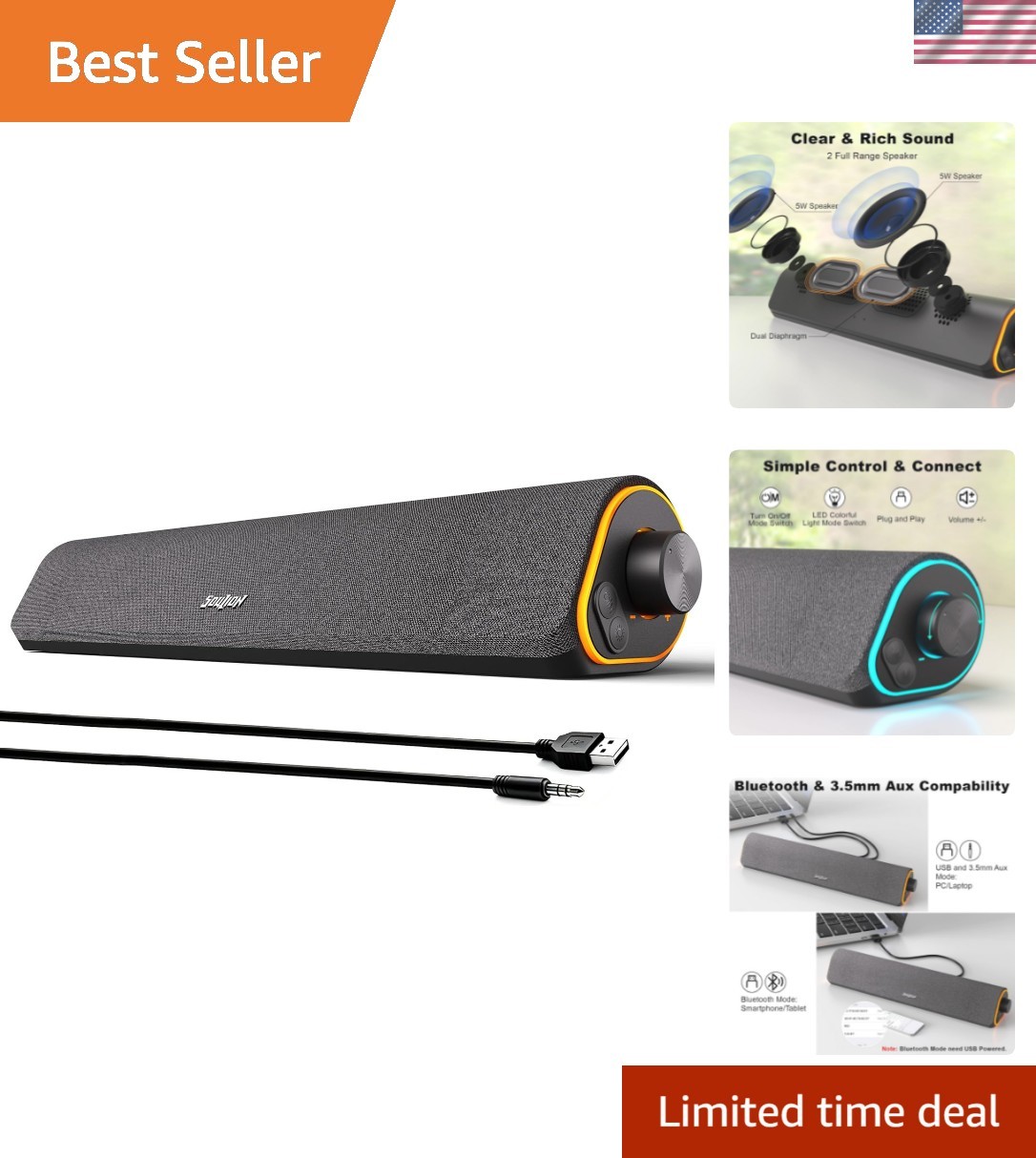 R50 Bluetooth Computer Speakers, USB Powered & 3.5 Aux