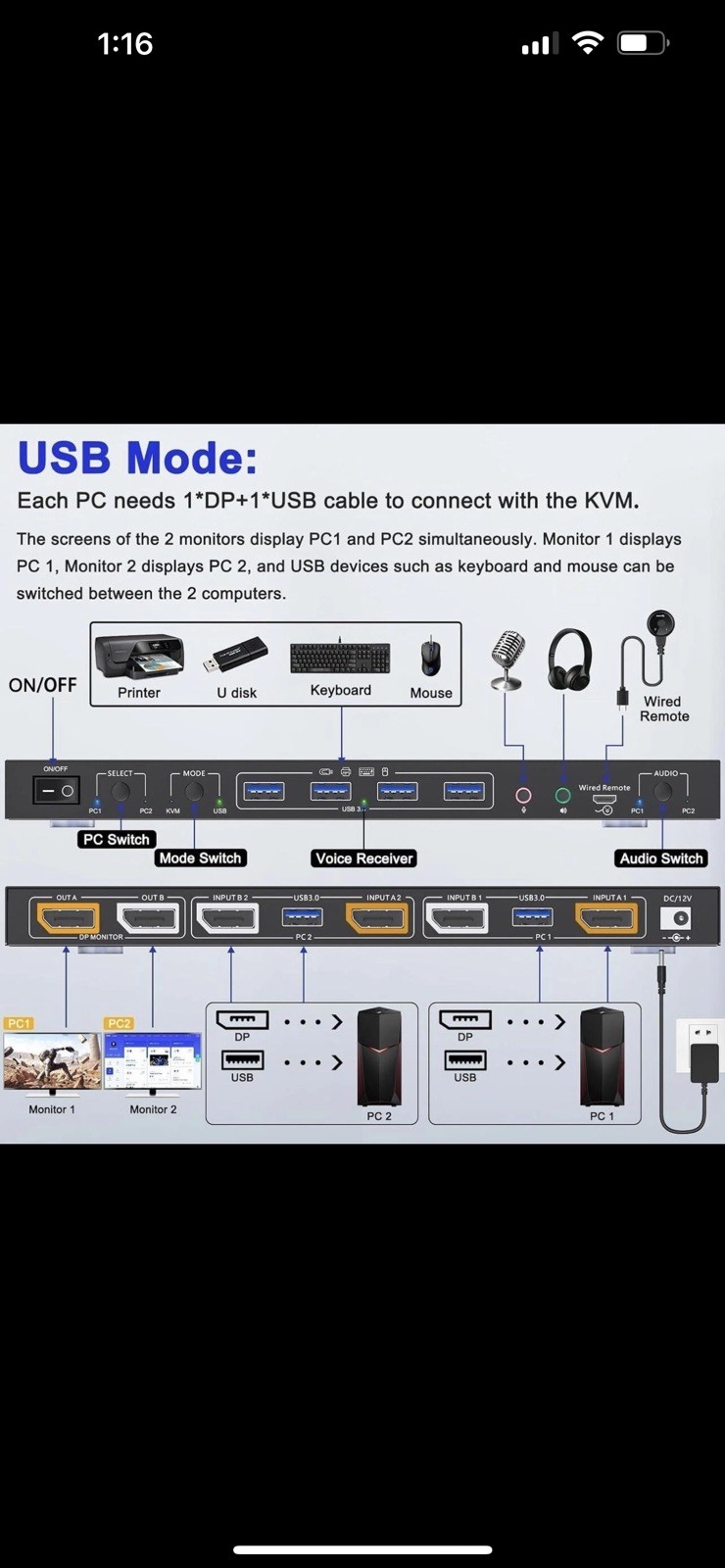 Kceve Voice Controlled Displayport KVM Switch 2 Monitors 2 Computers
