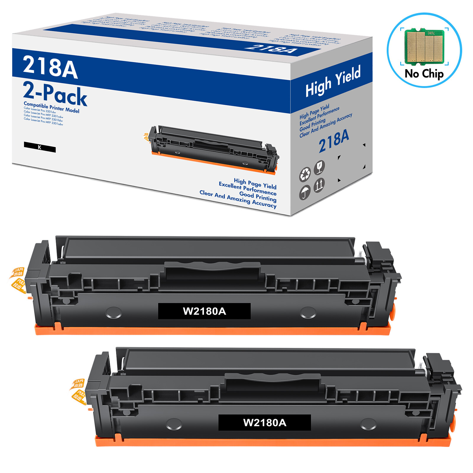2 Pack 218A W2180A Black Toner Cartridges High Yield No Chip For HP 3201dw 218X