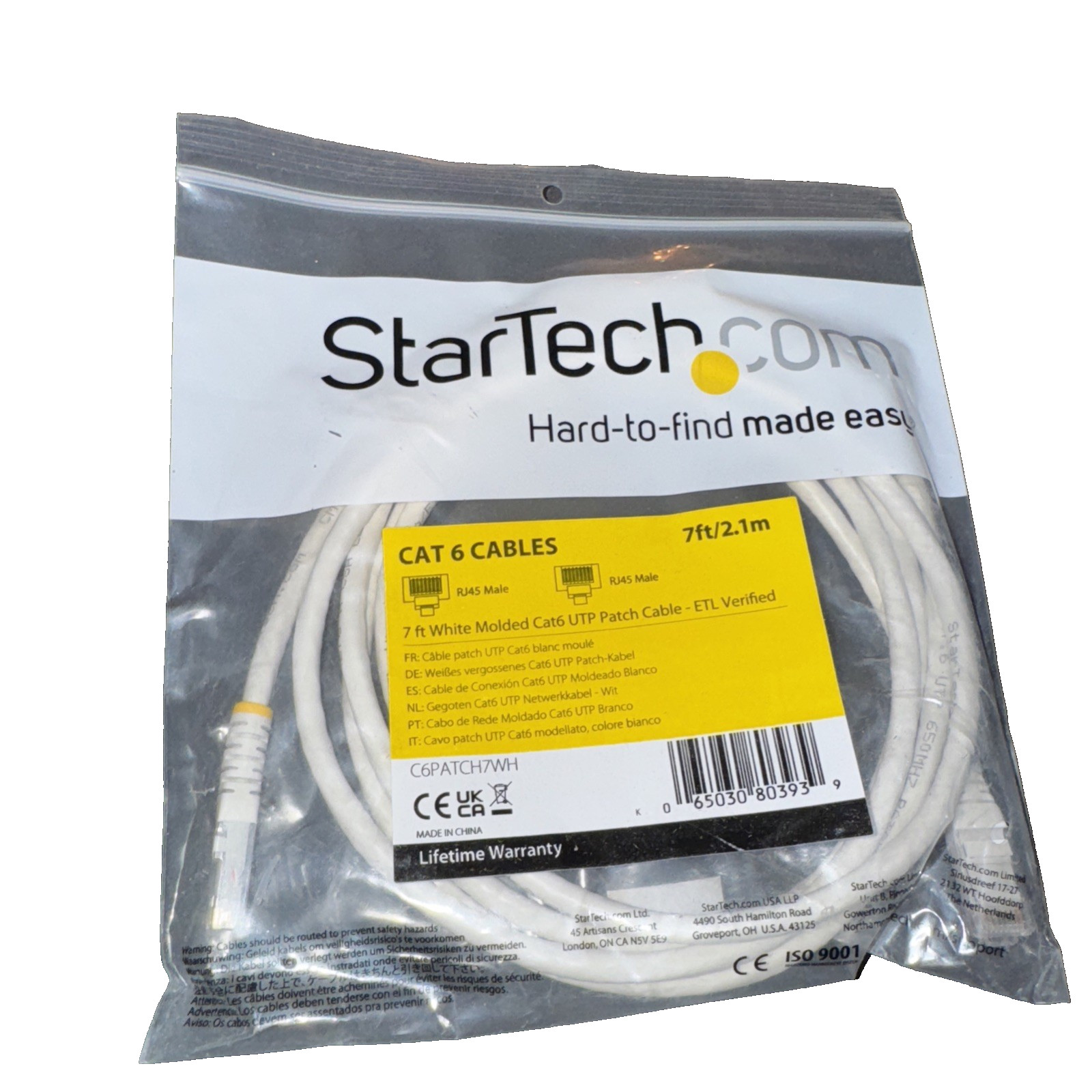 StarTech.com Cat6 Ethernet Cable 7ft White Gigabit 650MHz