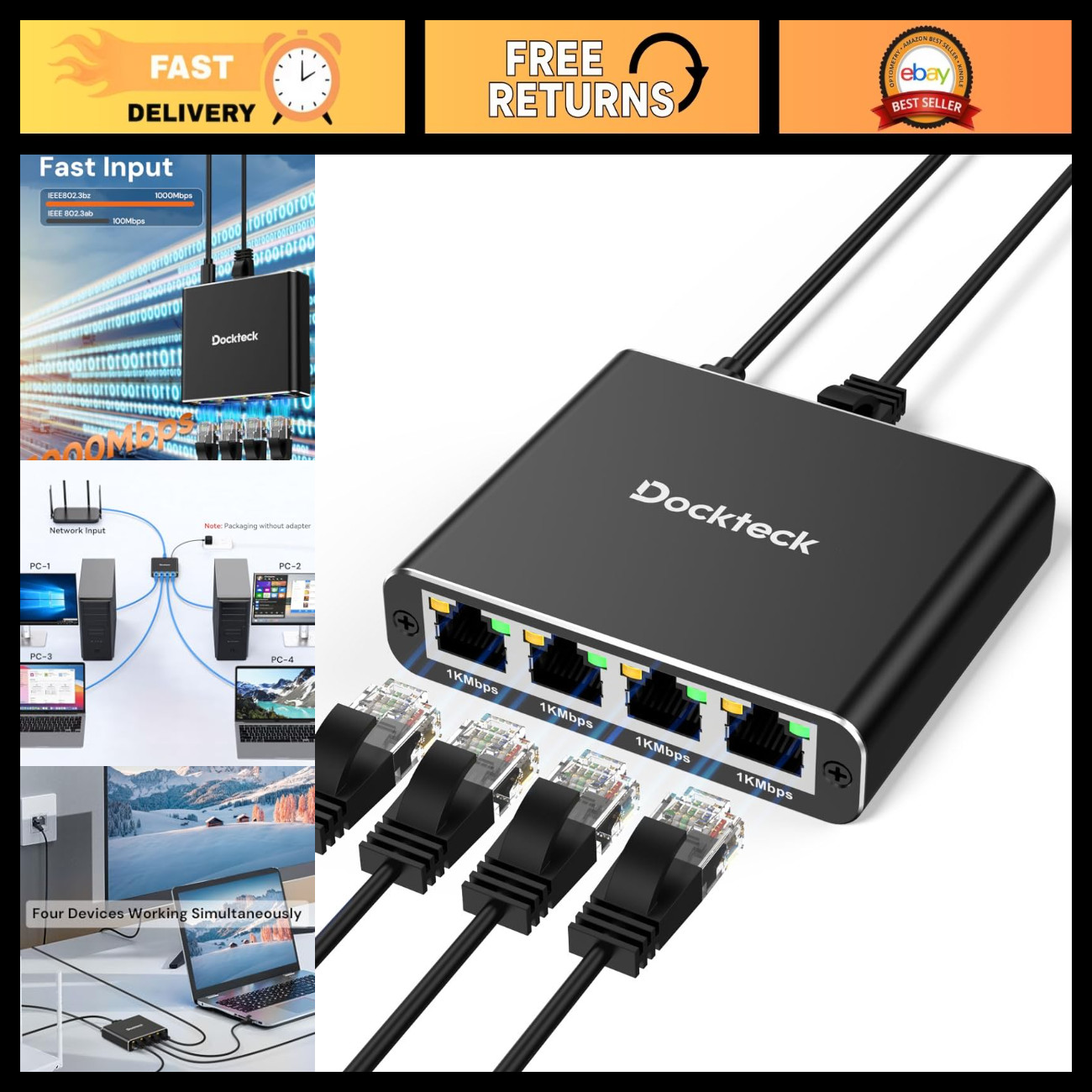 Ethernet Splitter 1 to 4, 1000Mbps High-Speed Network Cable Hub, Internet Adapte