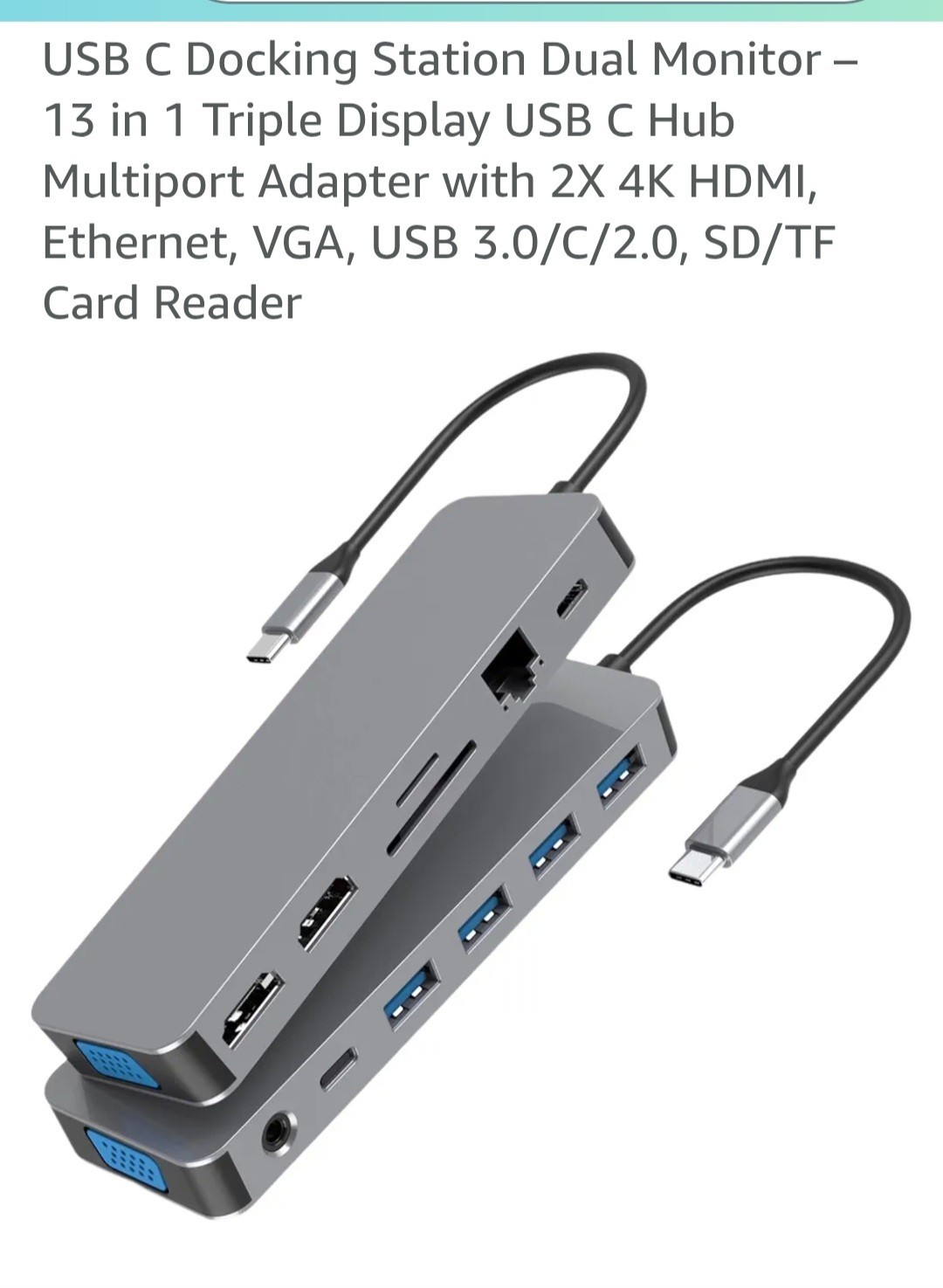 13 in 1 Triple Display USB C Hub Multiport Adapter with 2X 4K HDMI, Ethernet, VG