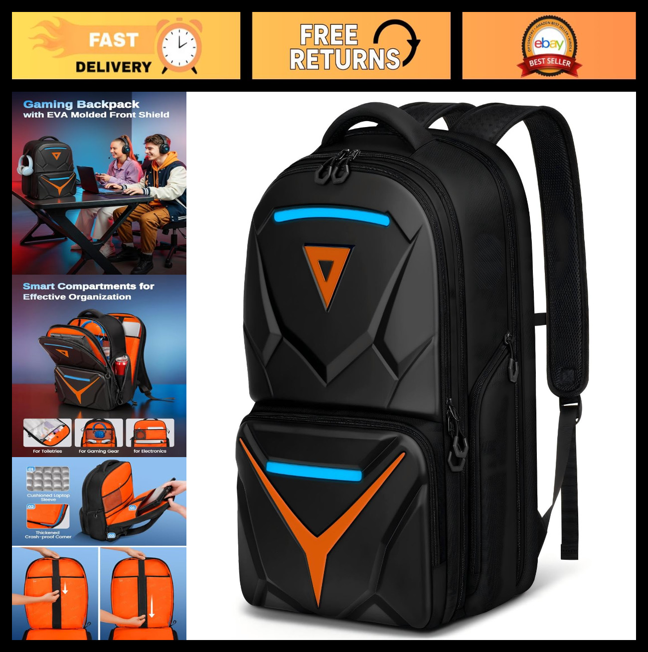 Extra Large Waterproof Gaming Backpack, Hard Shell Laptop Bag with Controller Po