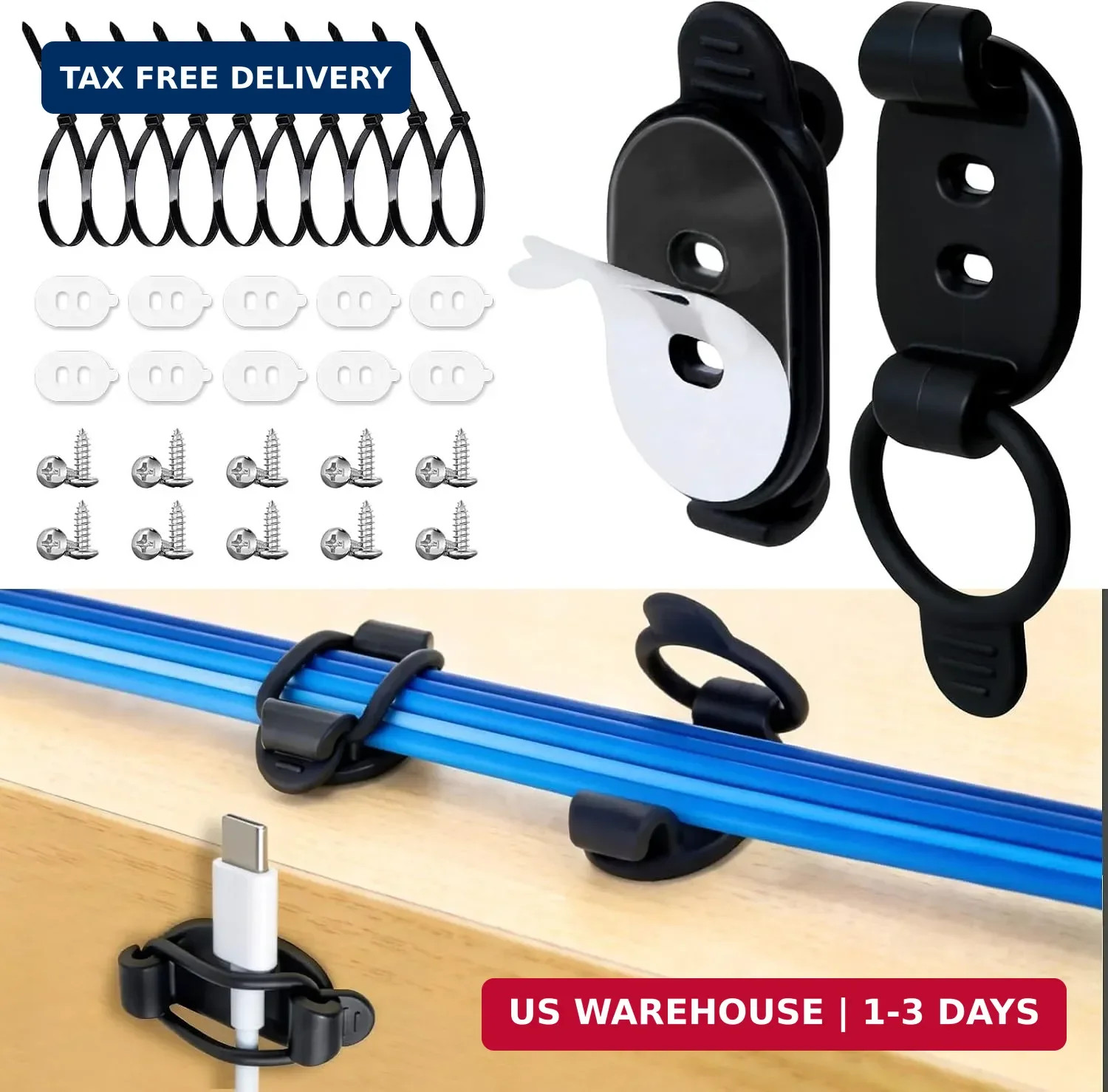 10 Pack Adhesive Cable Clips, Adjustable Cable Management Clips Black