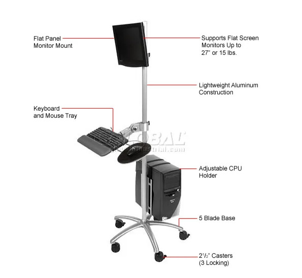 Global Industrial 607300 Mobile Computer Workstation VESA Monitor Cart Stand