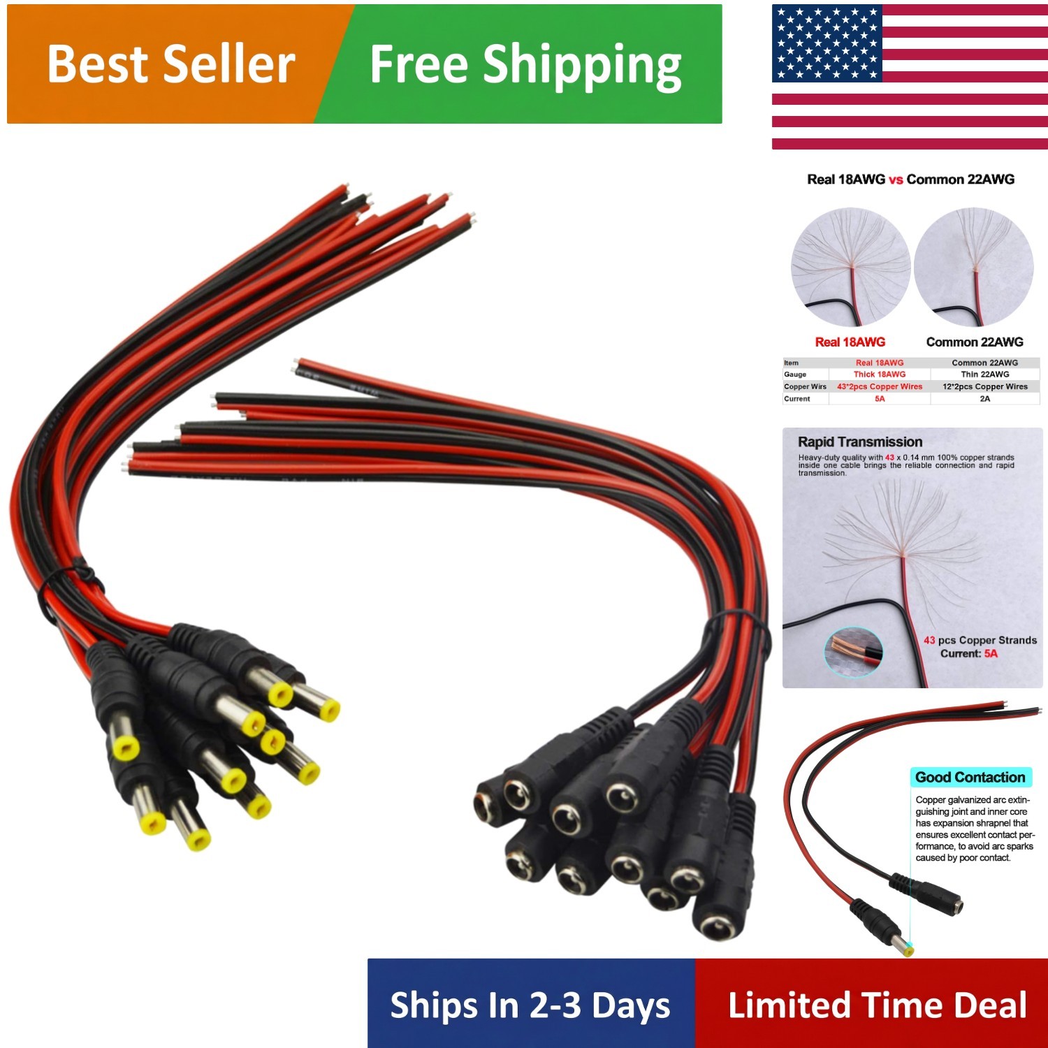Reliable 18AWG DC Power Pigtail Cables - 10 Pair 2.1x5.5mm for High-Current Use