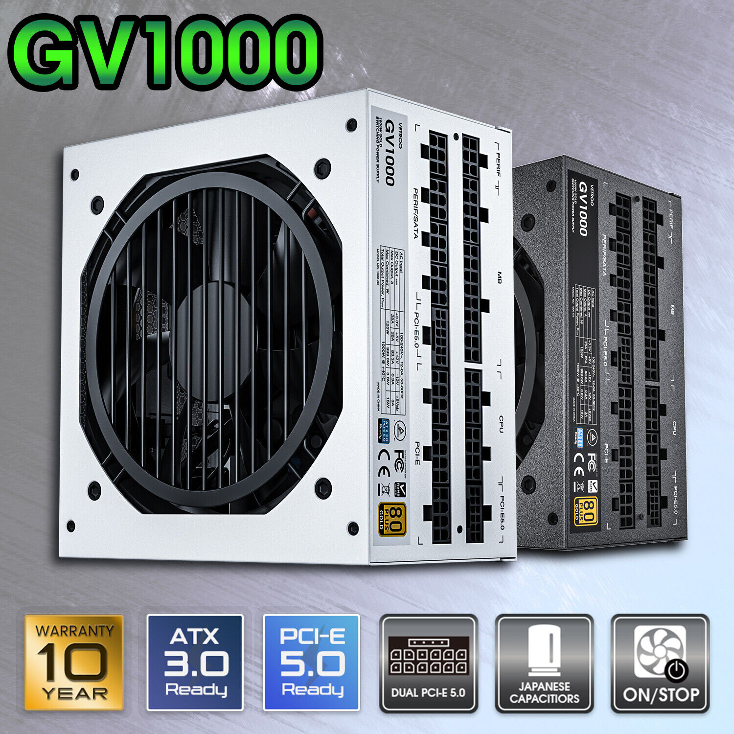 Vetroo 1000W Power Supply ATX 3.0 Ready Full Modular 80+ Gold 10 Year Warranty