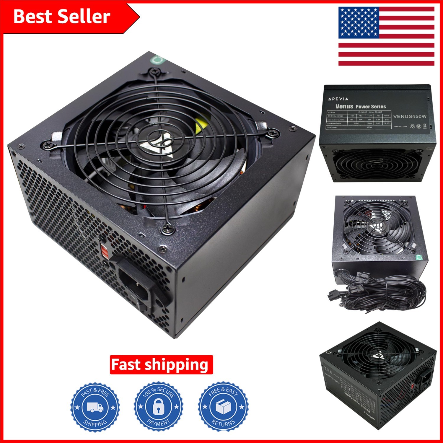 VENUS450W 450W ATX Power Supply: Compact, Efficient Cooling, All Protections