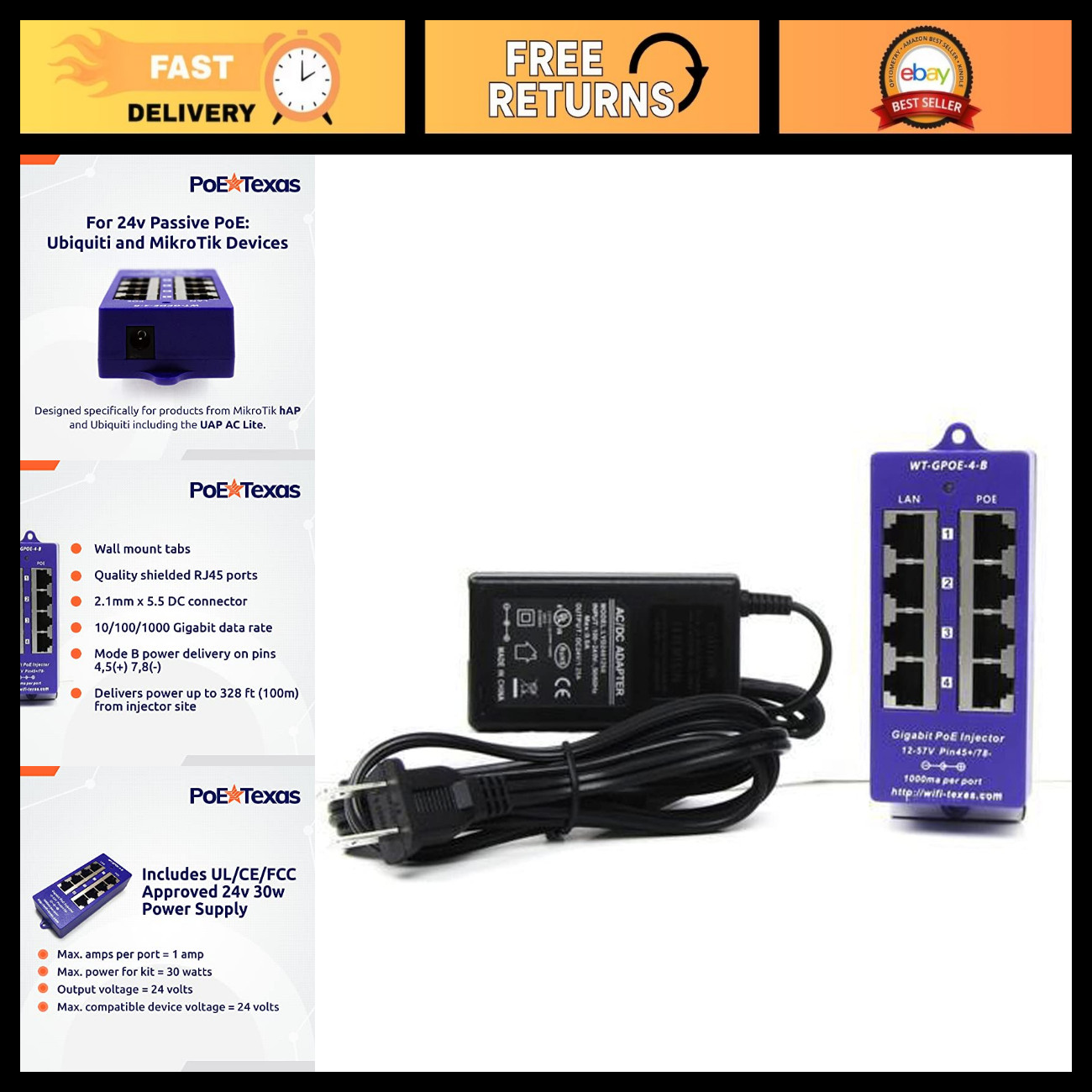 4-Port 24V Passive PoE Injector with 30W Power Supply for IP Cameras & Devices